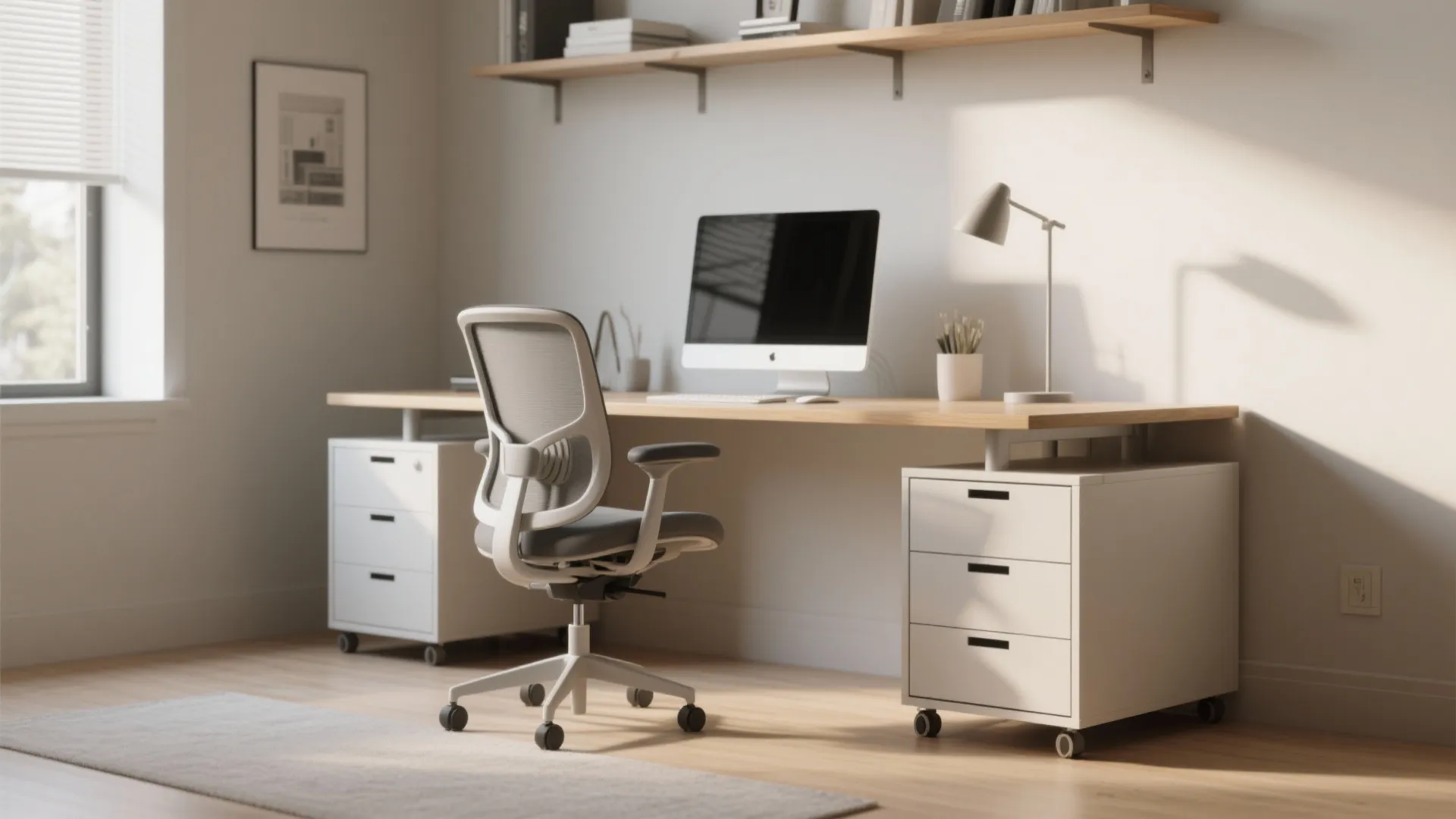 Modern home office with white rolling cabinets under a wooden desk and an ergonomic office chair