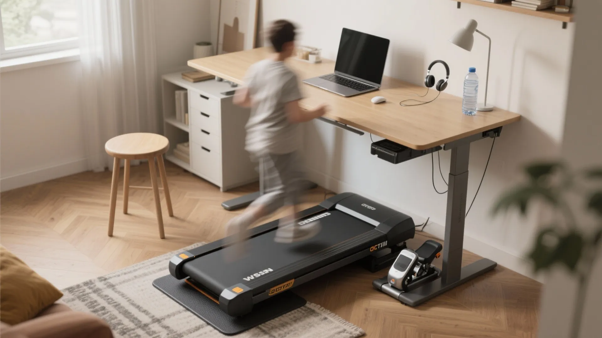 Person running on black treadmill under wooden standing desk with laptop and white table lamp