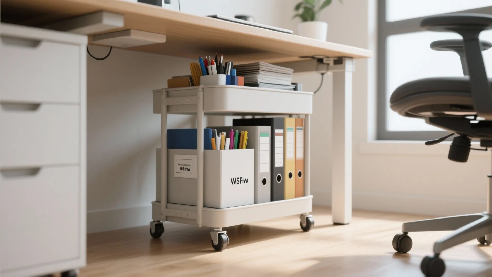 White rolling storage cart under a wood desk filled with office files and colorful pen holders