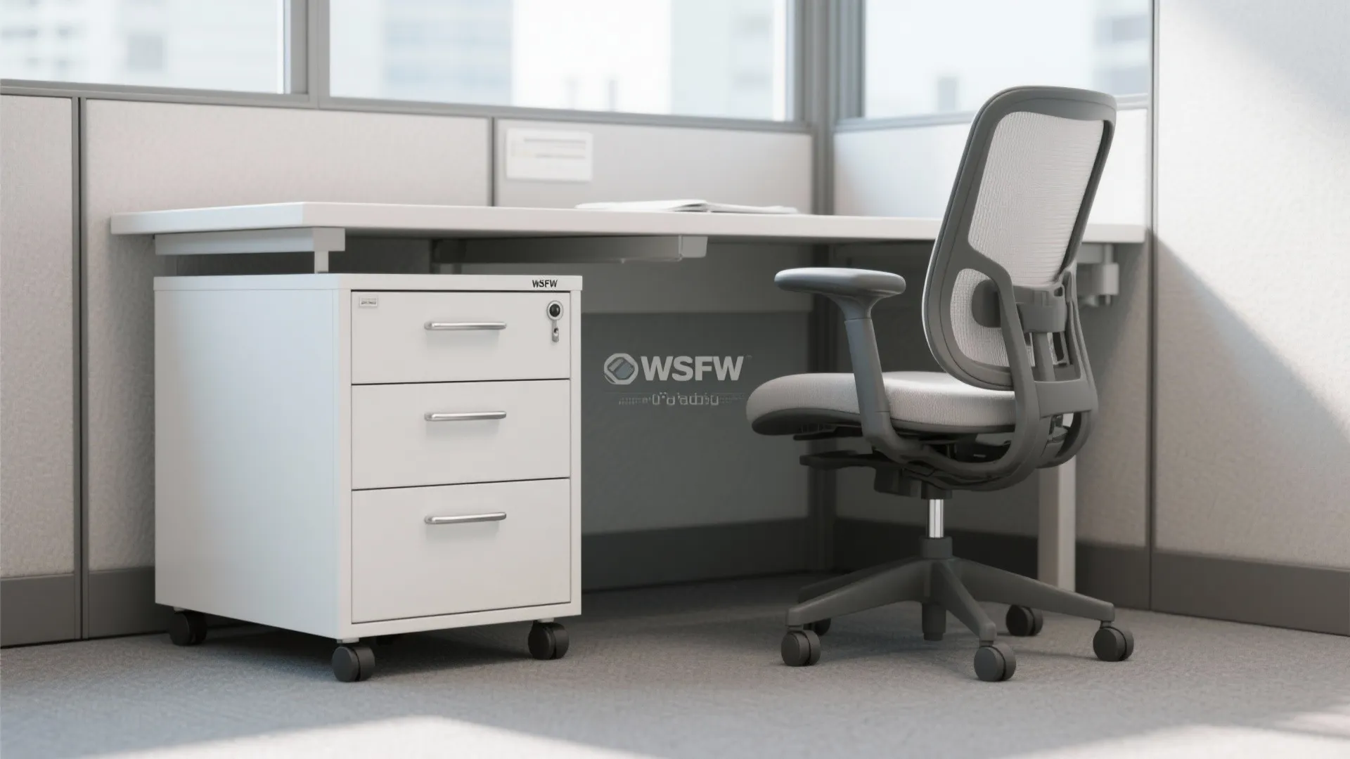 White metal storage cabinet with three drawers and wheels placed under a modern office desk