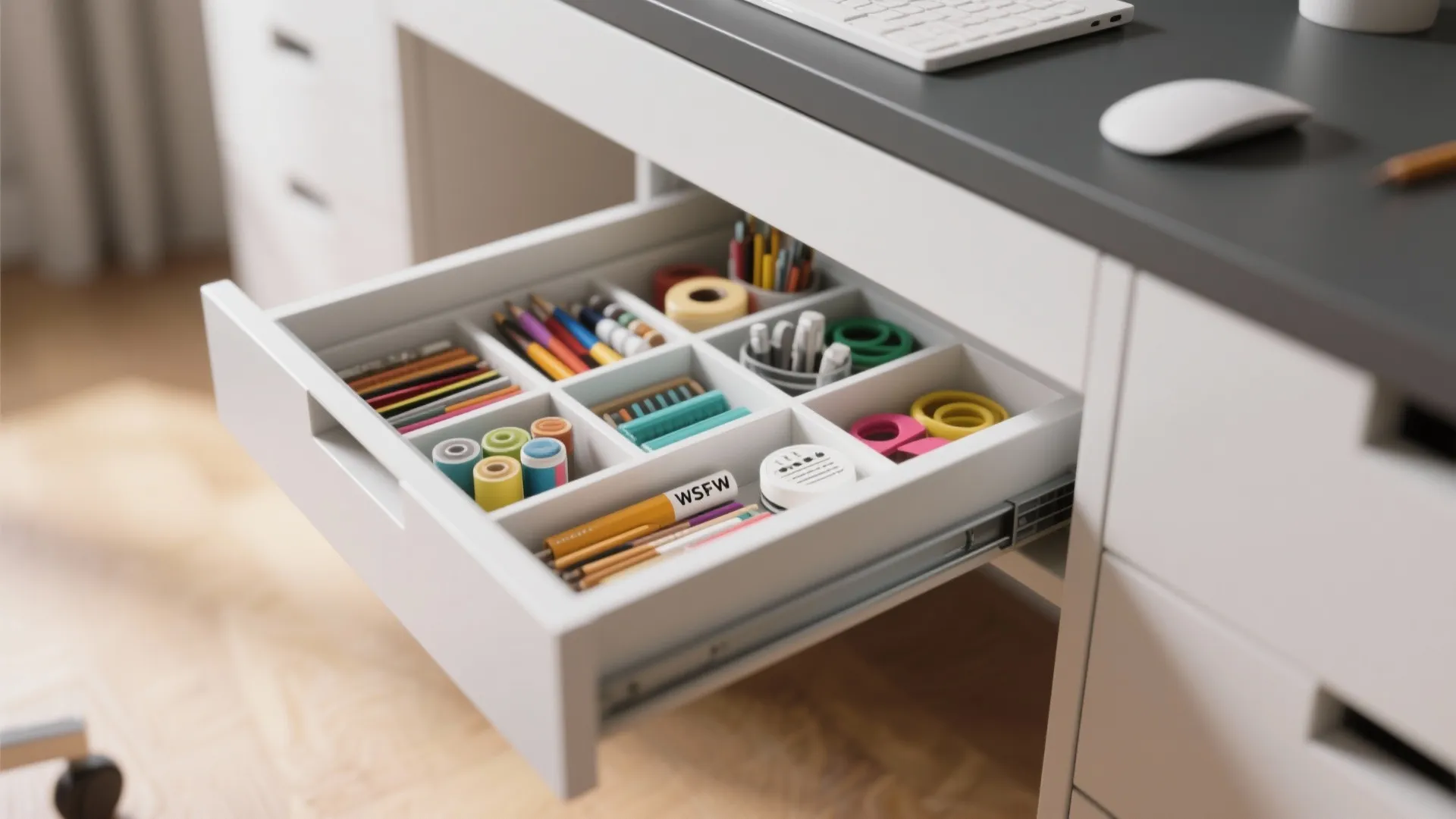 Open white desk drawer with organizer dividers filled with colorful pencils tape scissors and tools