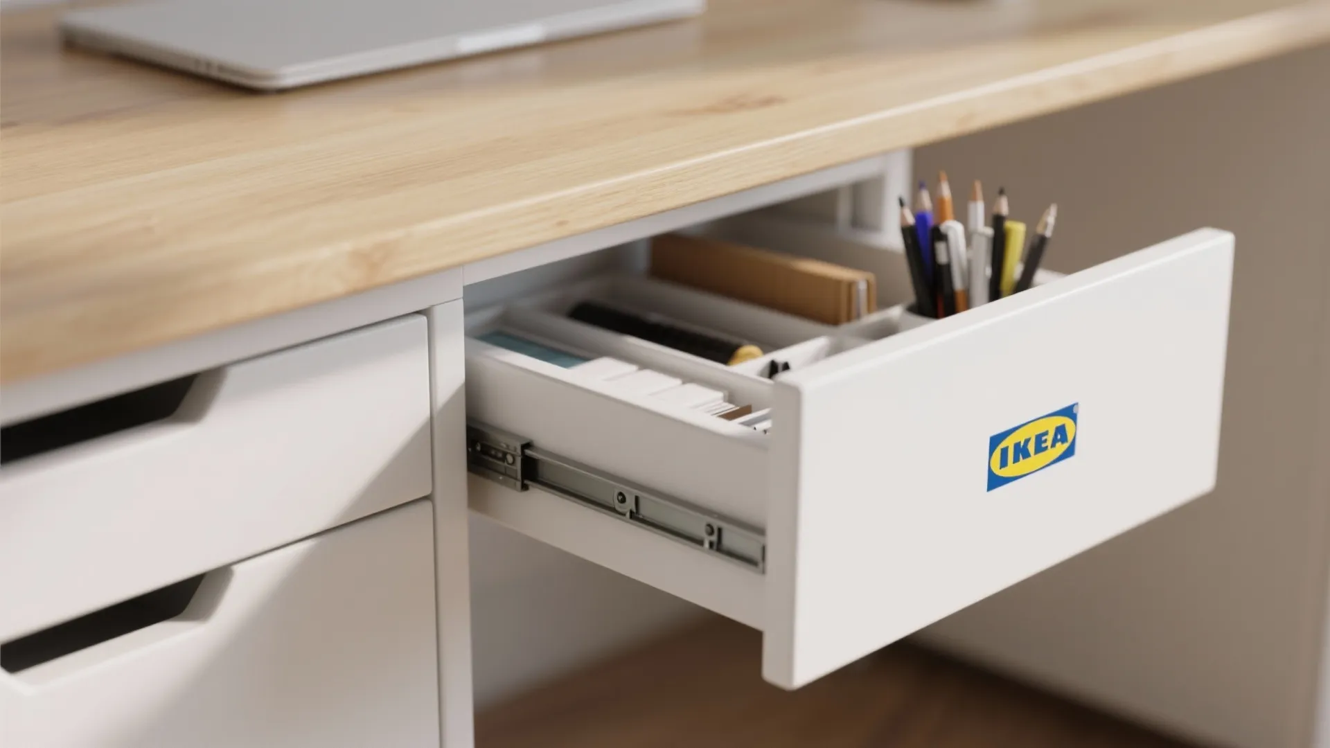 Slim under-desk drawers storing office supplies neatly