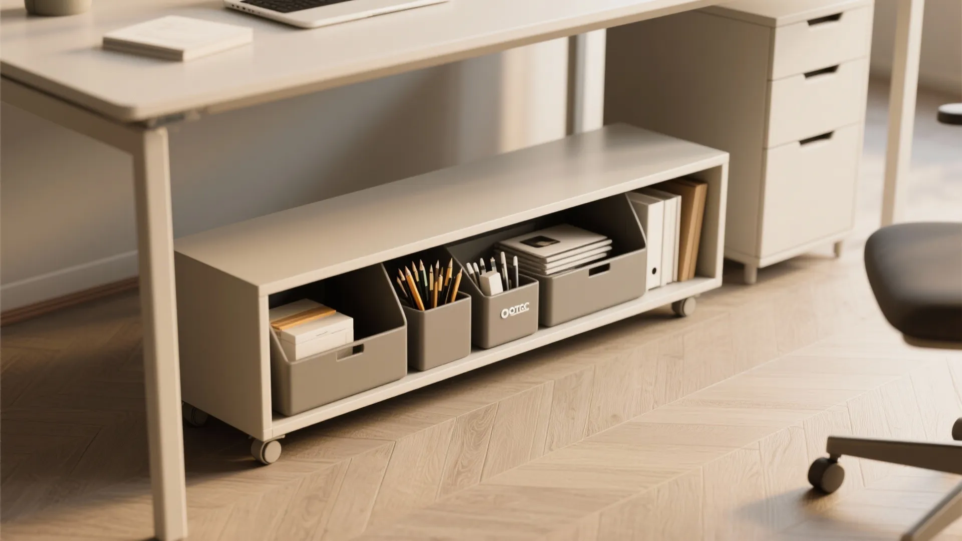 Under desk storage unit with wheels holding grey boxes pencils and notebooks on wooden floor