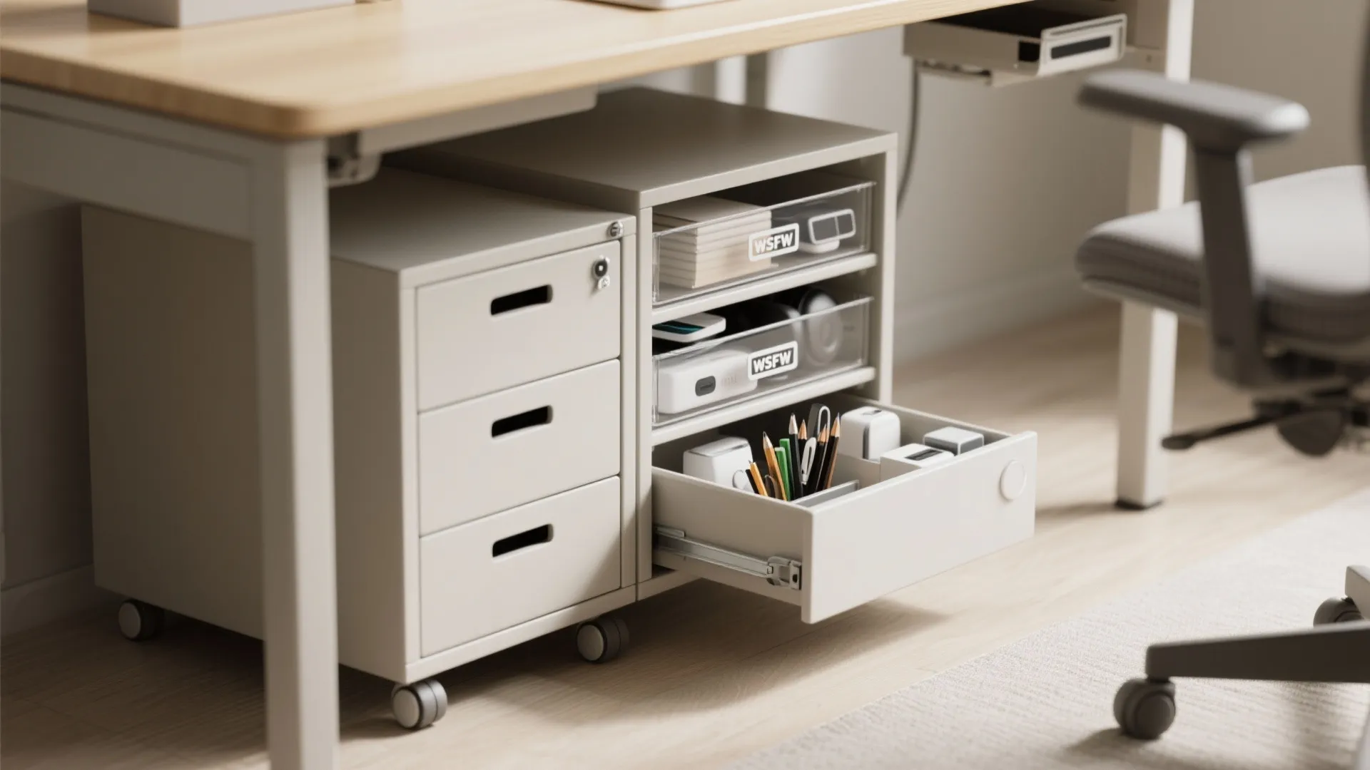 White under desk storage cabinet with wheels holding pens office supplies and small electronic tools