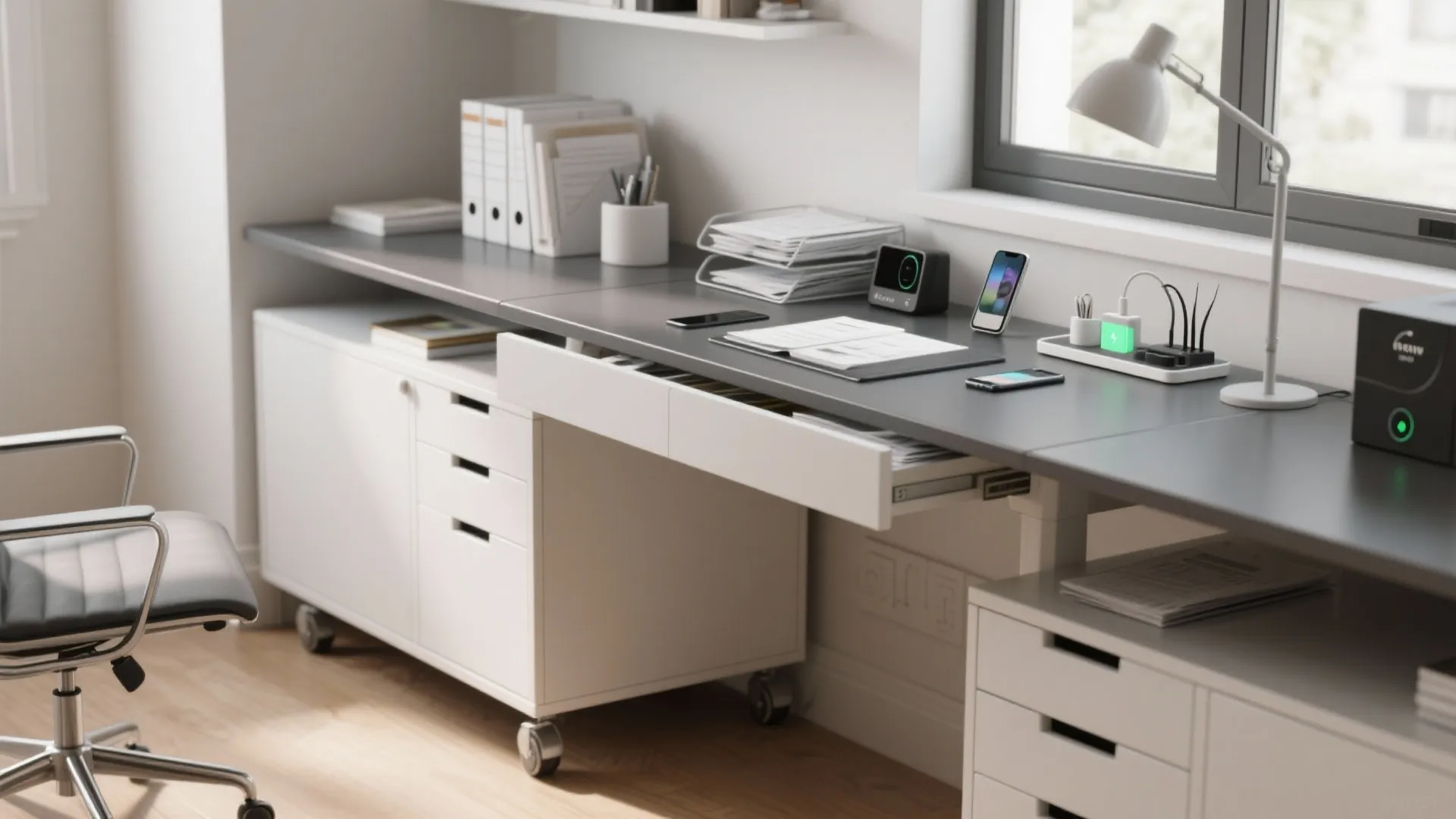 Grey desk with open white drawer, charging station, files, office chair, and bright window view