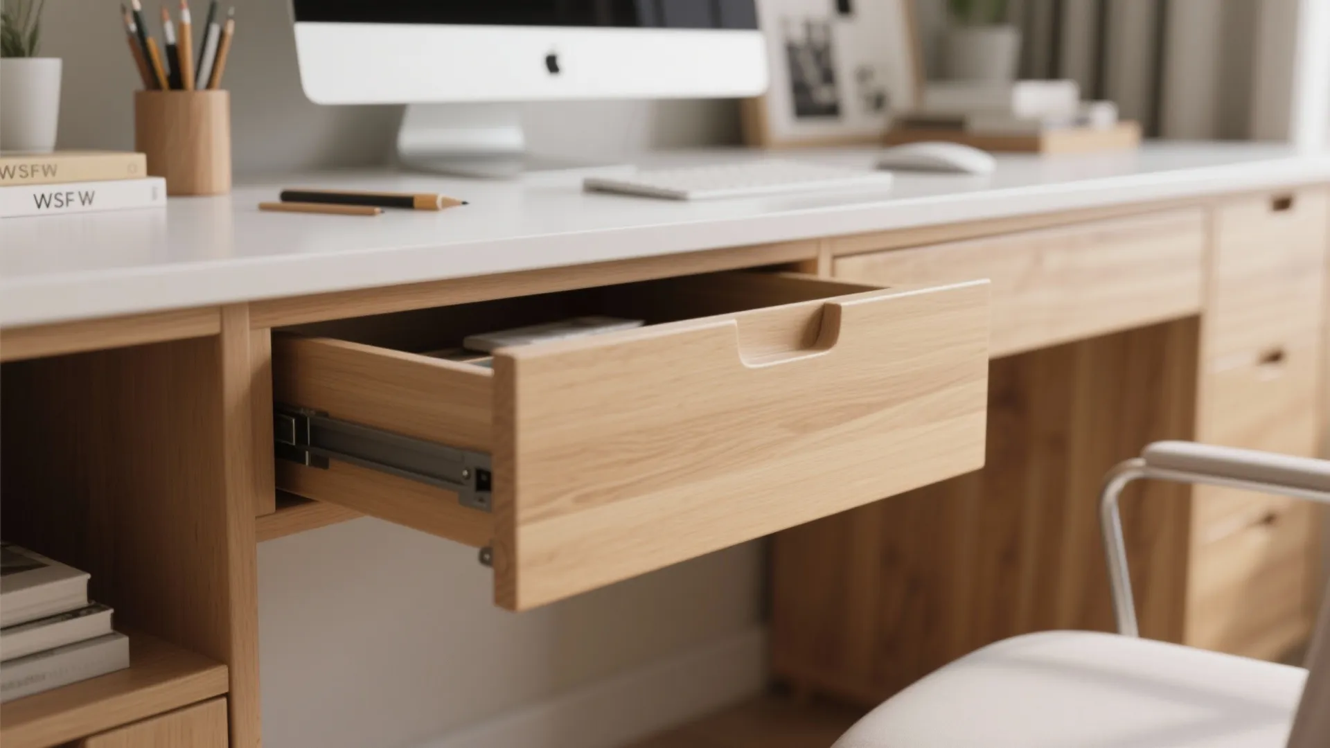 Wooden desk with an open drawer showing metal tracks in a bright modern home office
