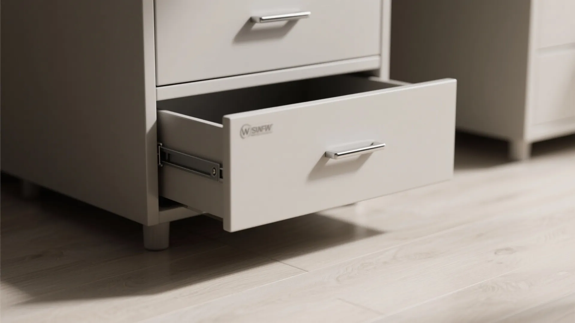 Modern white office cabinet with open drawer showing metal handle and light colored wood floor