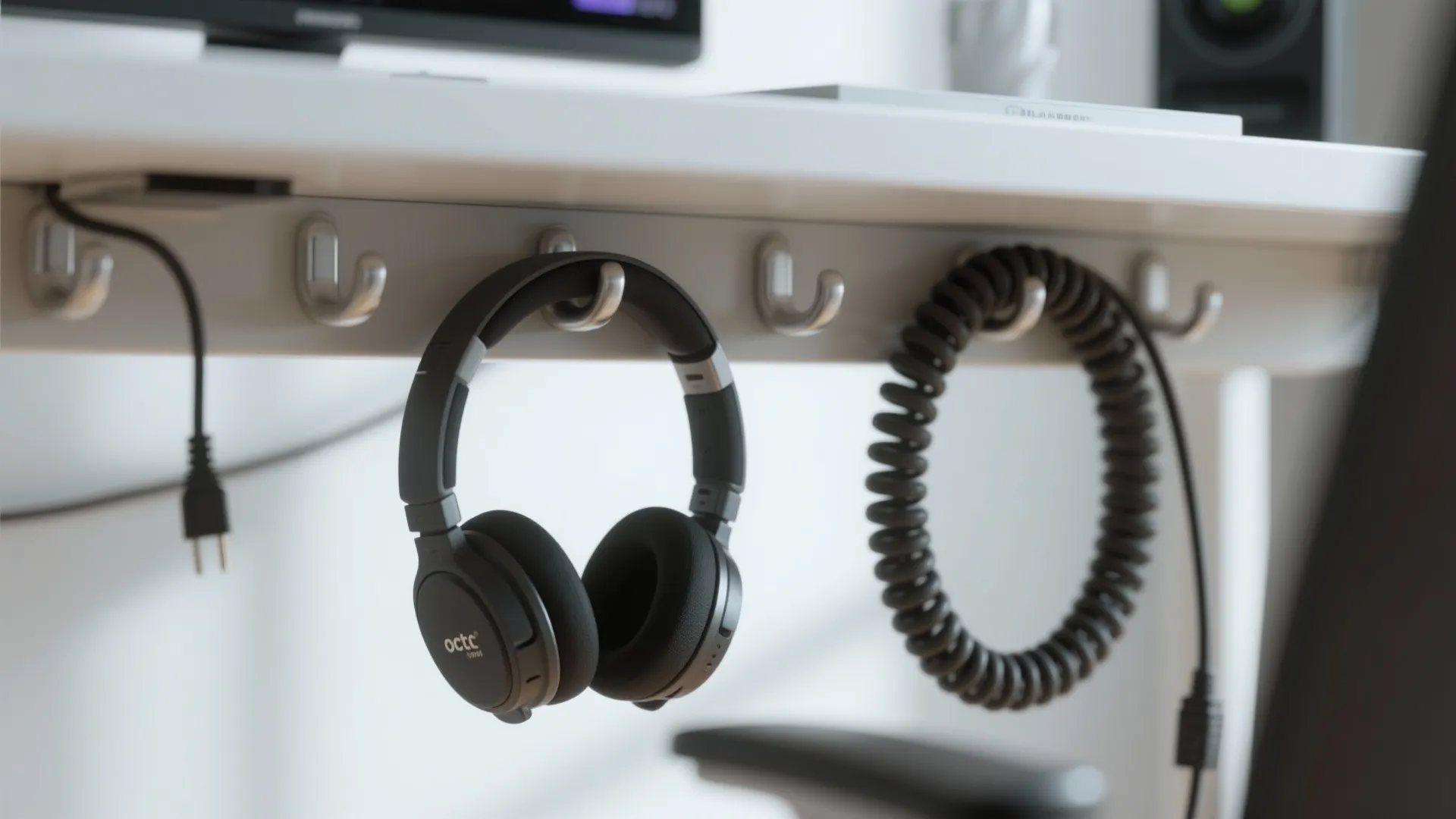 Black headphones and coiled cables hanging on silver hooks under a white office desk surface