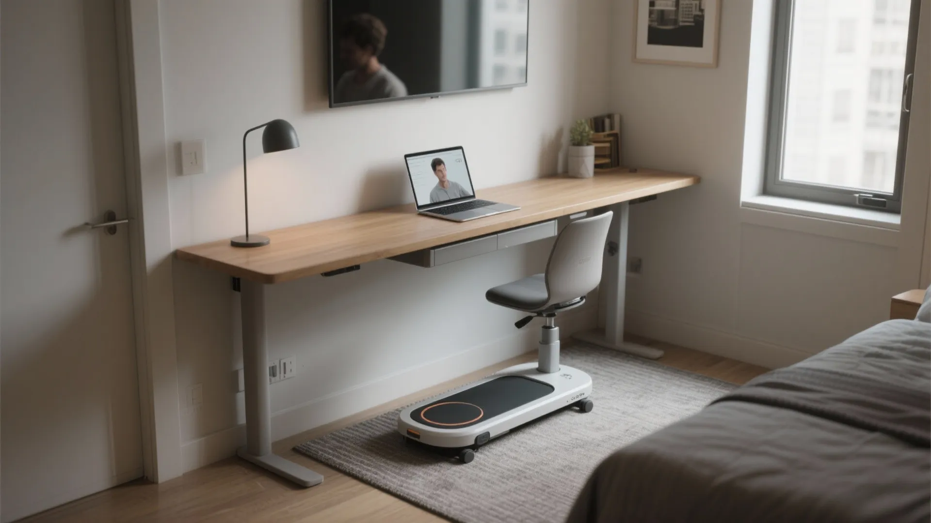 Home office with wooden desk grey chair and small exercise machine on a floor rug