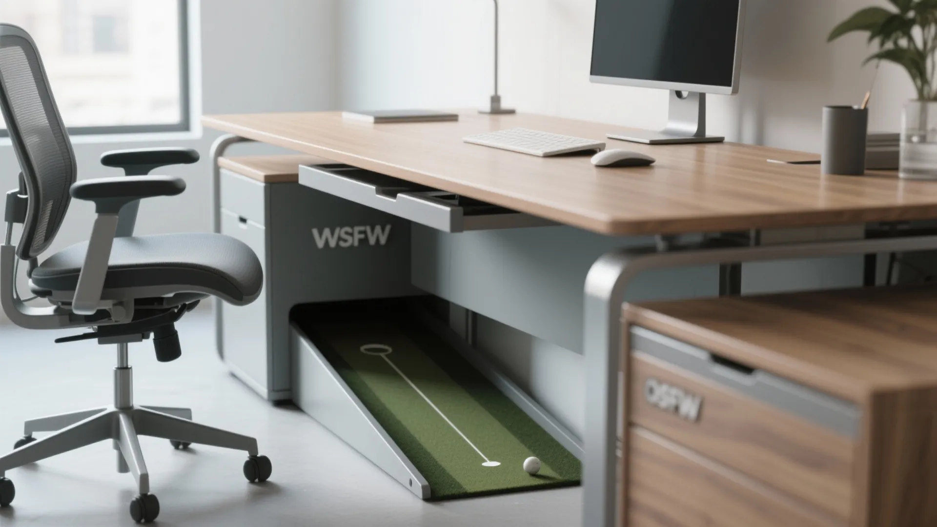 Small golf putting green hidden under a modern office desk with computer and office chair