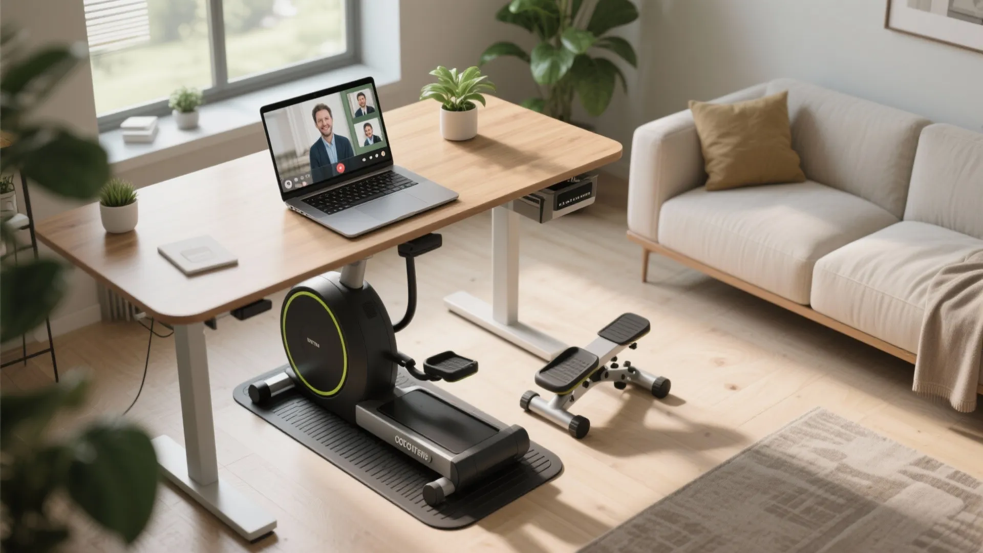 Modern home office with wooden standing desk, laptop, under desk stepper, small footrest, and sofa