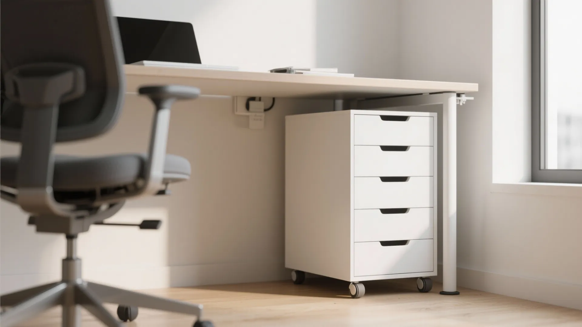 White rolling storage cabinet with five drawers placed under a wooden desk in home office