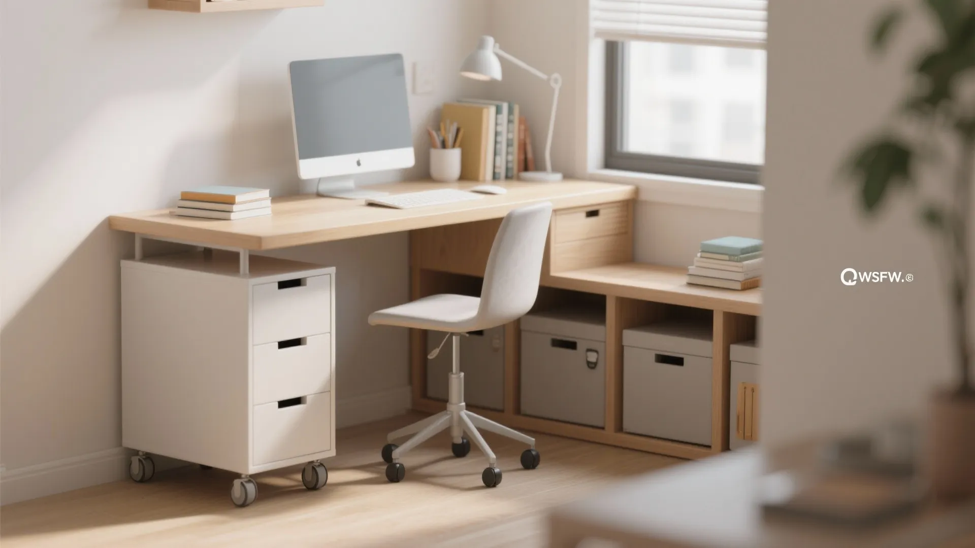 Modern wooden desk with white rolling cabinet and chair plus extra storage boxes for home