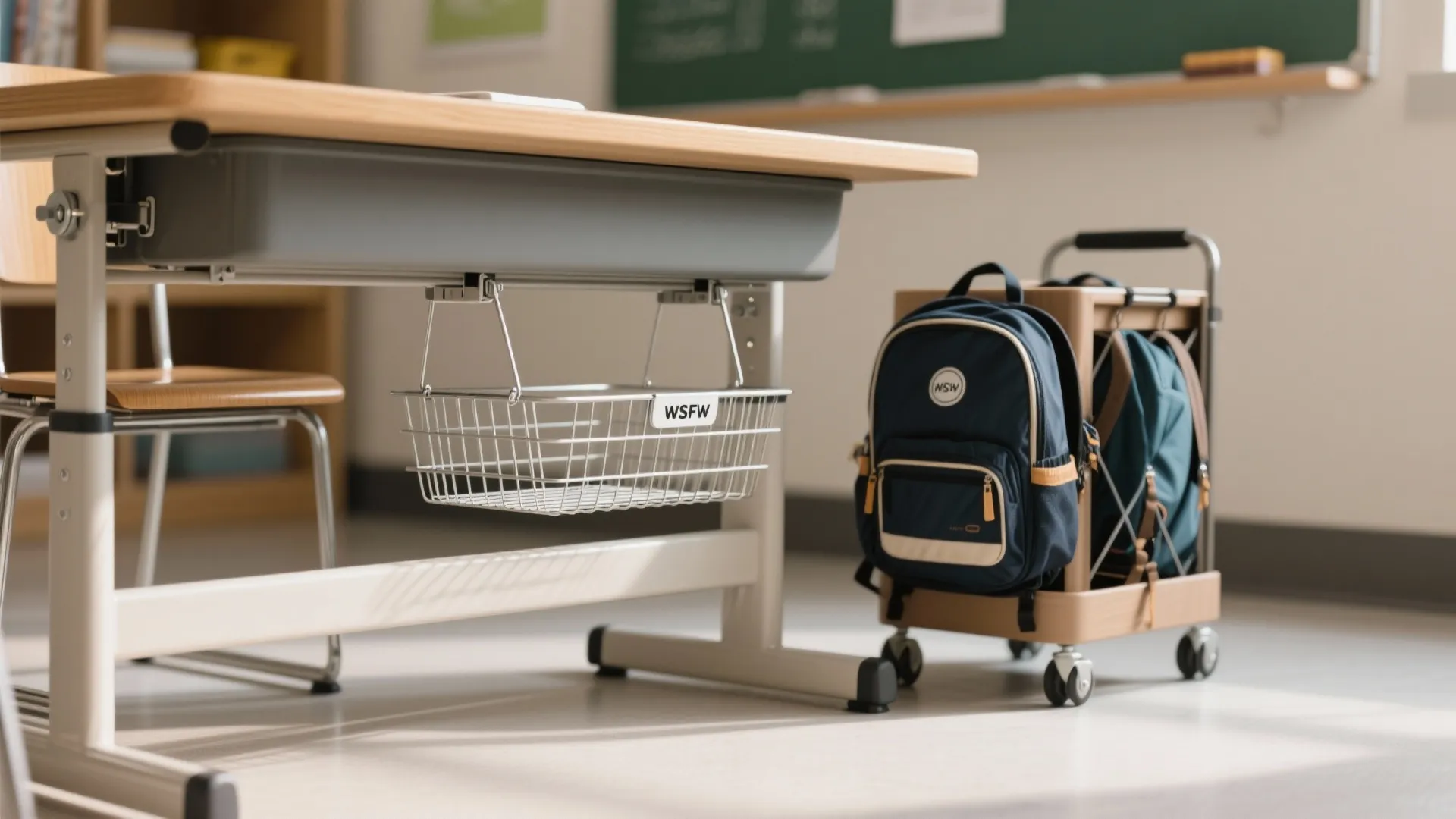 Metal wire storage basket attached under a wooden school desk with backpacks on a small cart
