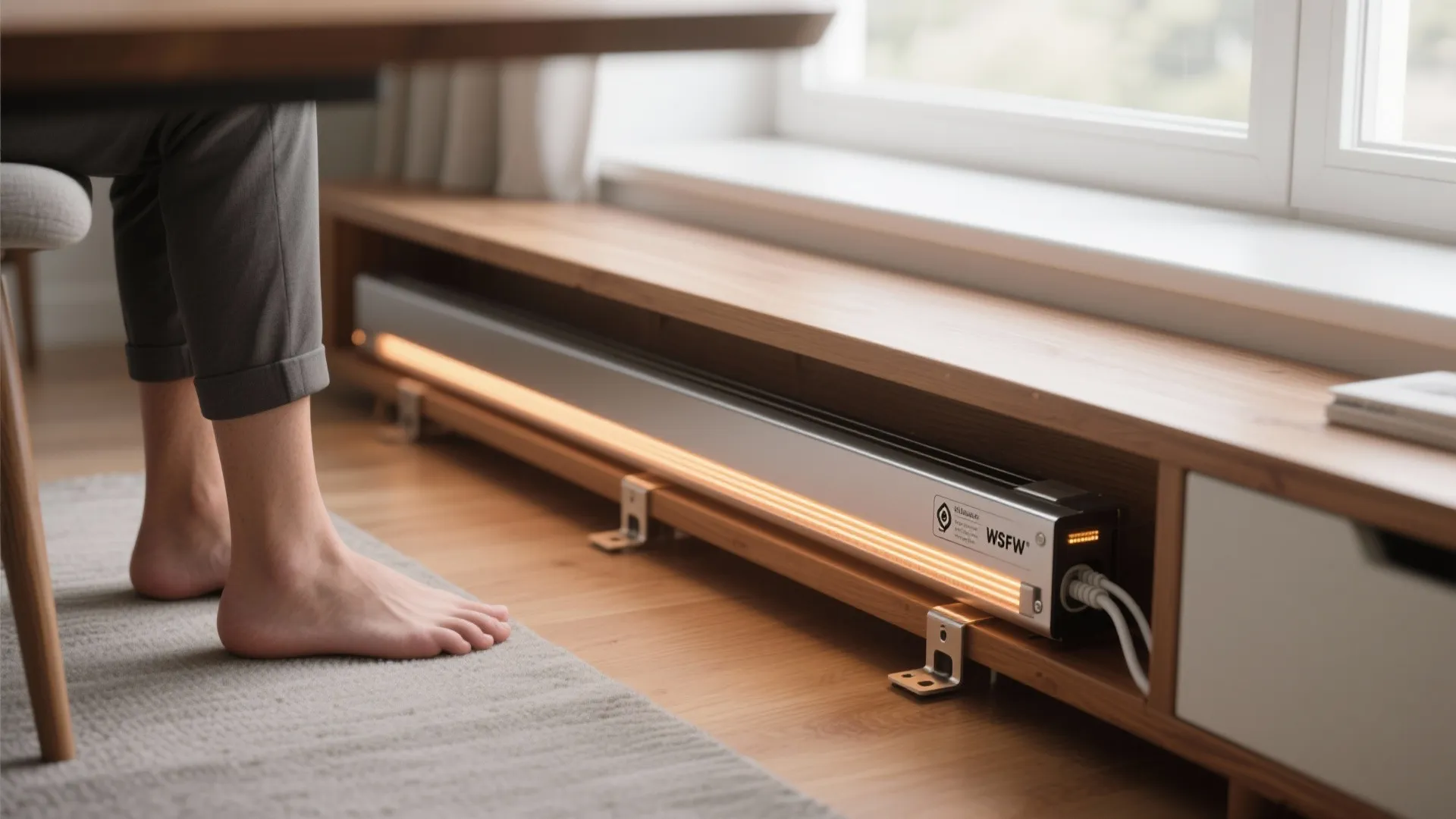 Electric space heater placed under a wooden desk near bare feet on a grey rug