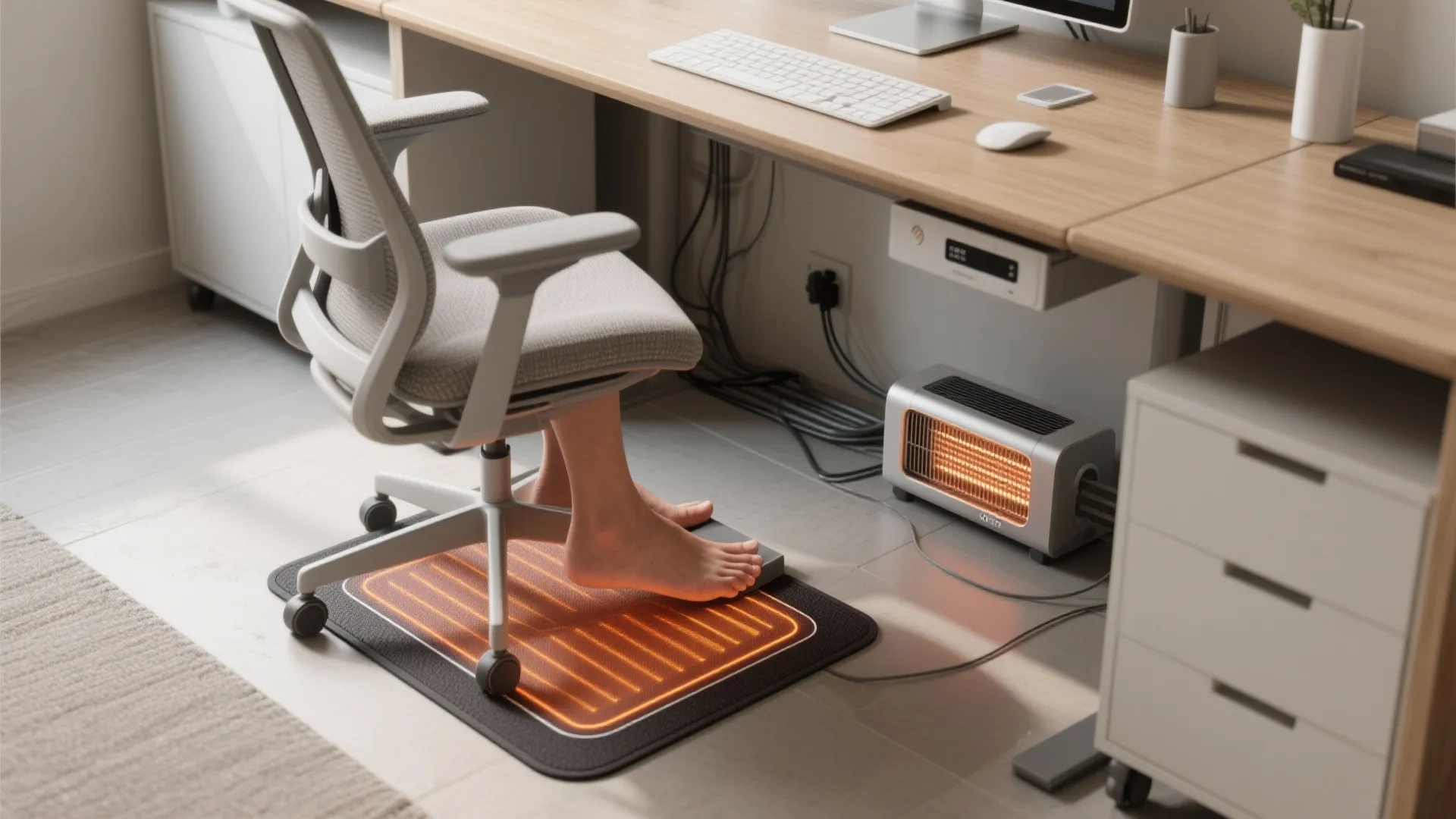 Under desk view showing a heated floor mat and small heater near an office chair legs