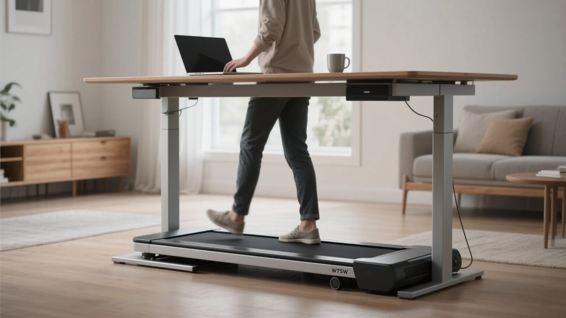 Person using a laptop at a standing desk while walking on a small home treadmill