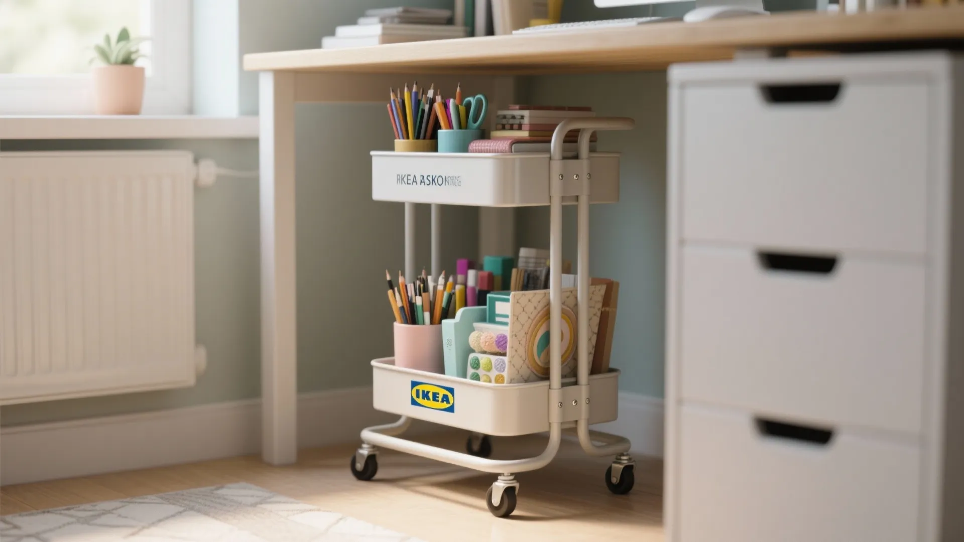 White rolling storage cart under wooden desk with pencils books and office supplies in room