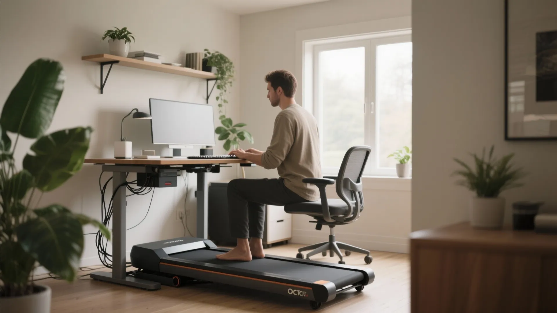 Home office with an under-desk treadmill allowing a person to walk while working at a standing desk.