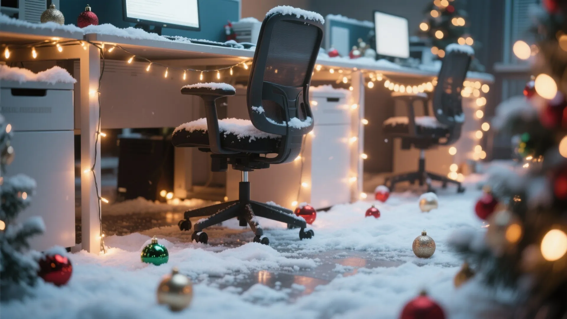 Modern office workspace decorated with snow and Christmas lights on desks and office chairs floor