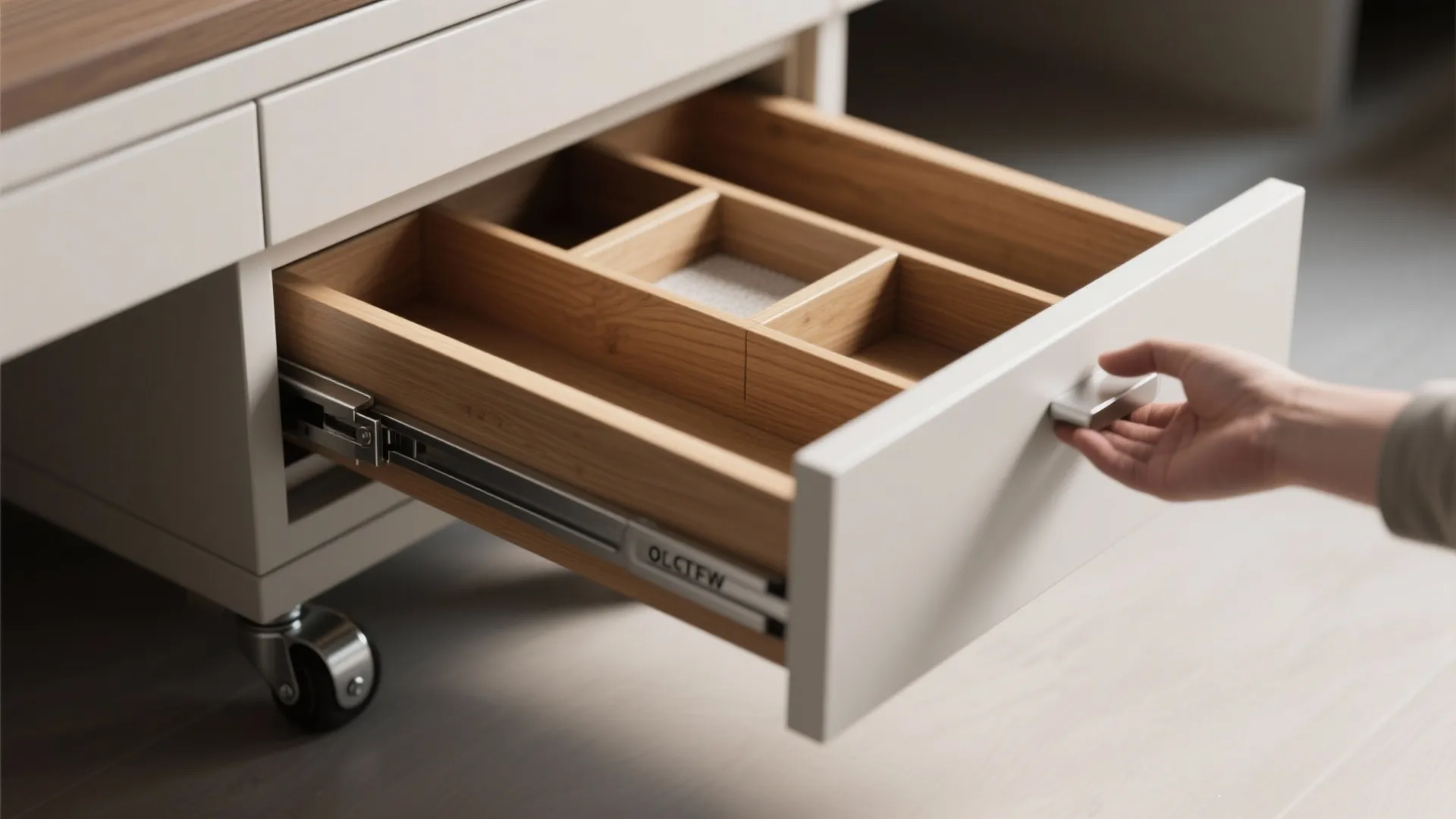 A person hand opening a white drawer with wooden internal organizers on metal sliding tracks below