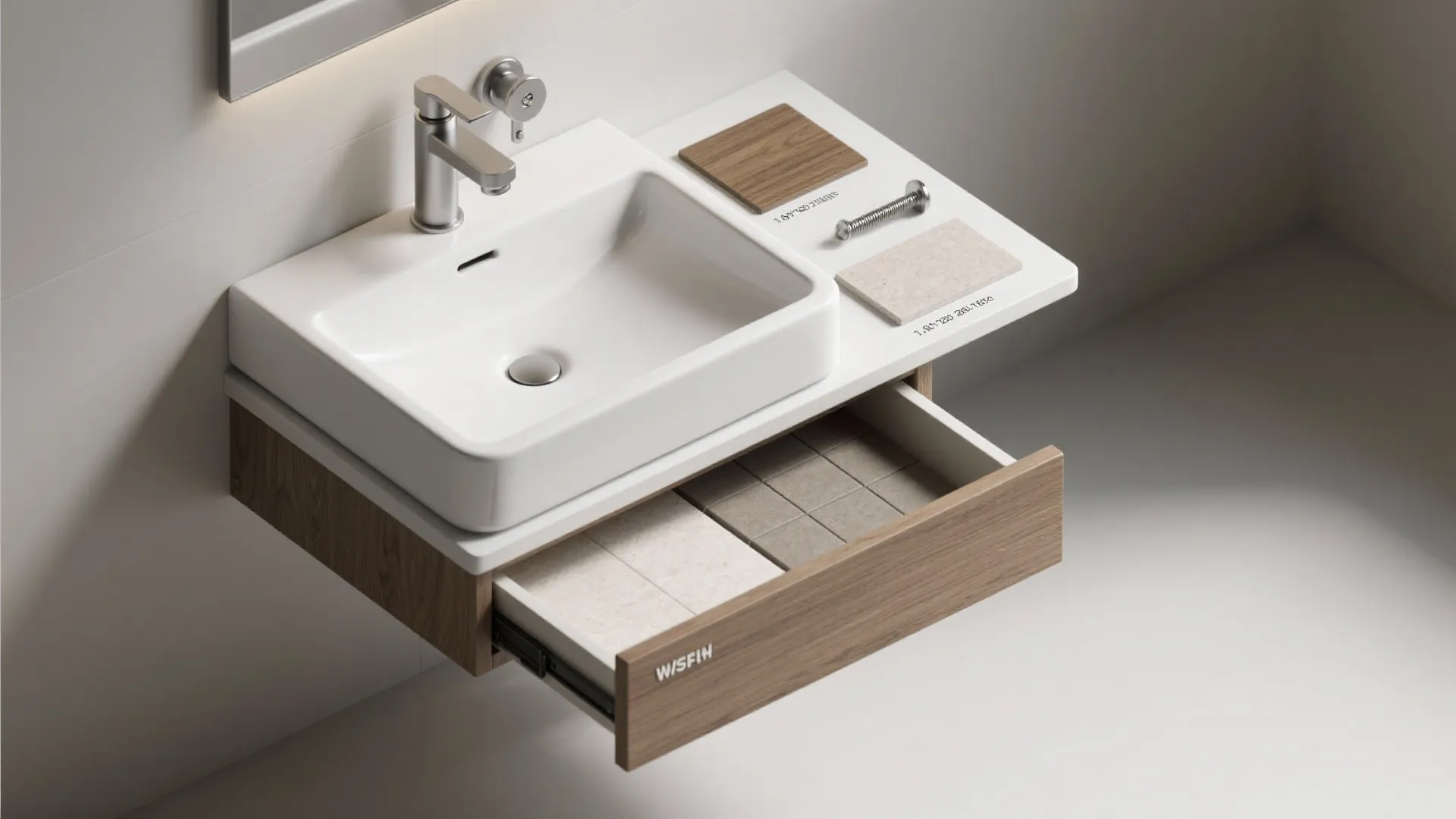 White bathroom sink with open wooden drawer showing various material samples and small metal parts