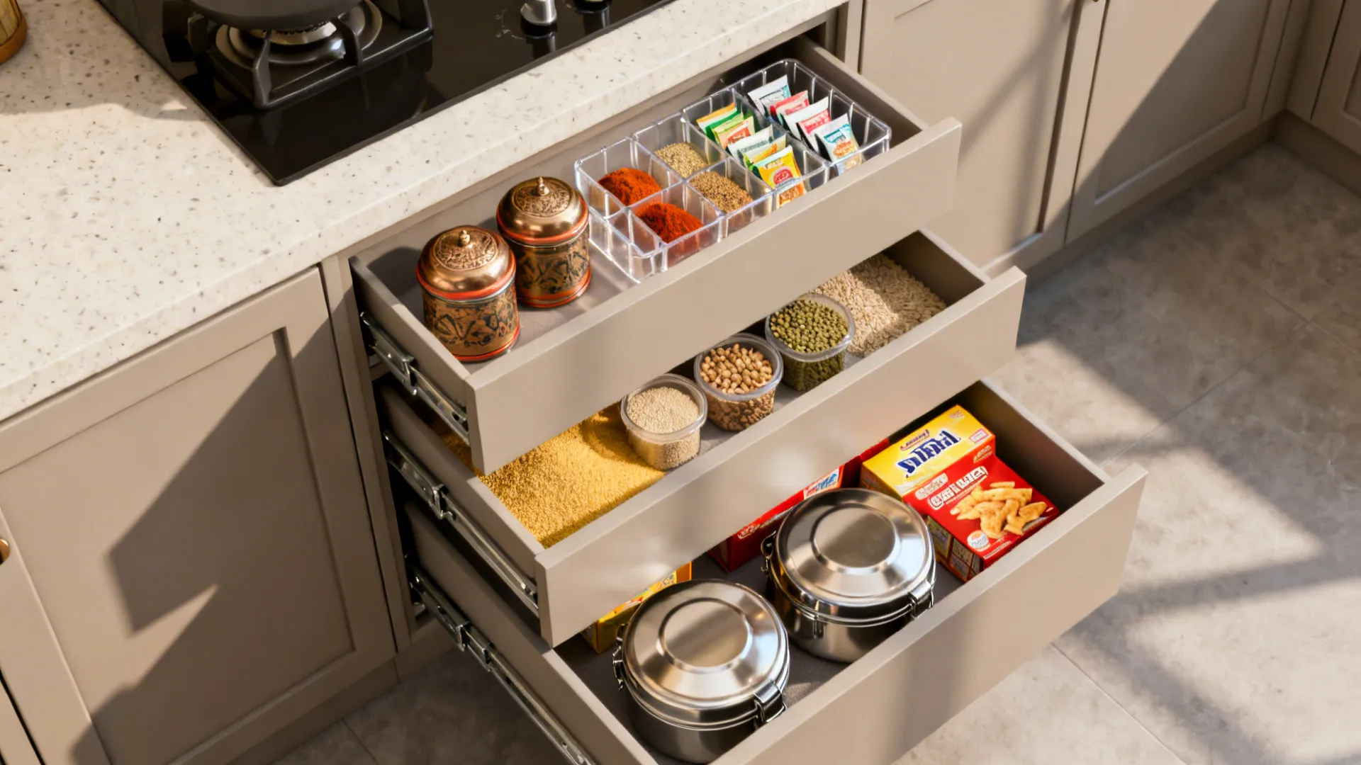 Three open kitchen drawers containing spice jars grains in plastic containers and food snack boxes