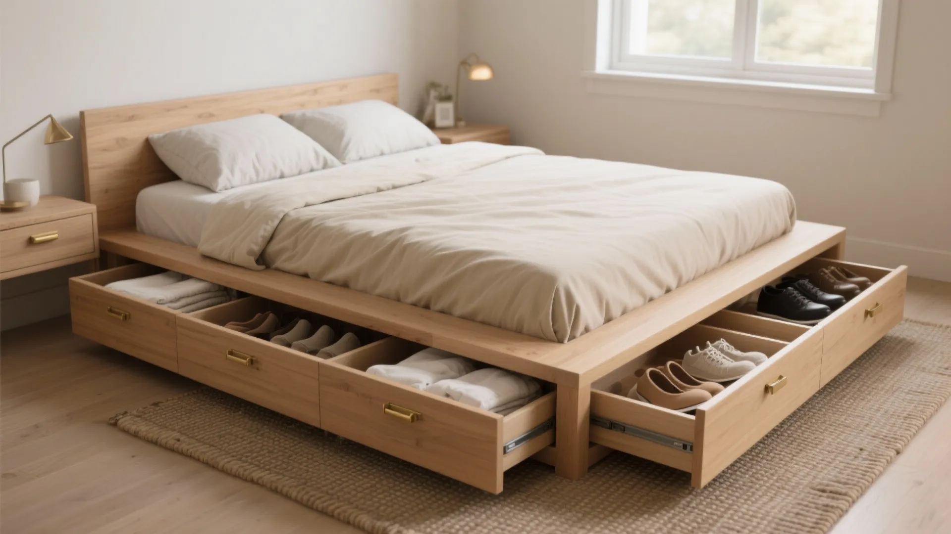 Wooden bed frame with open storage drawers underneath filled with folded clothes and many shoes