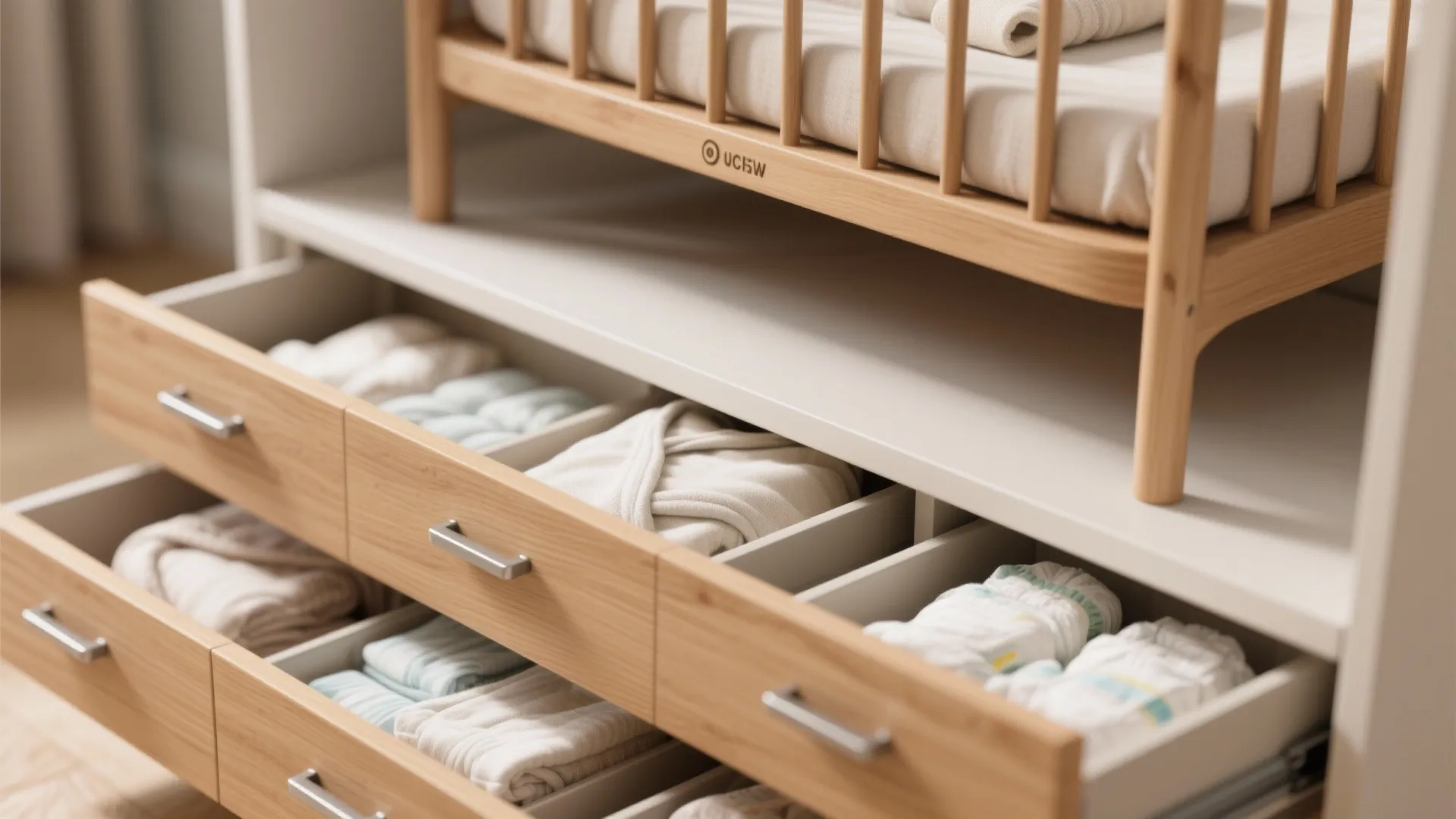 Open wooden storage drawers filled with neatly folded baby clothes and diapers under a wooden crib