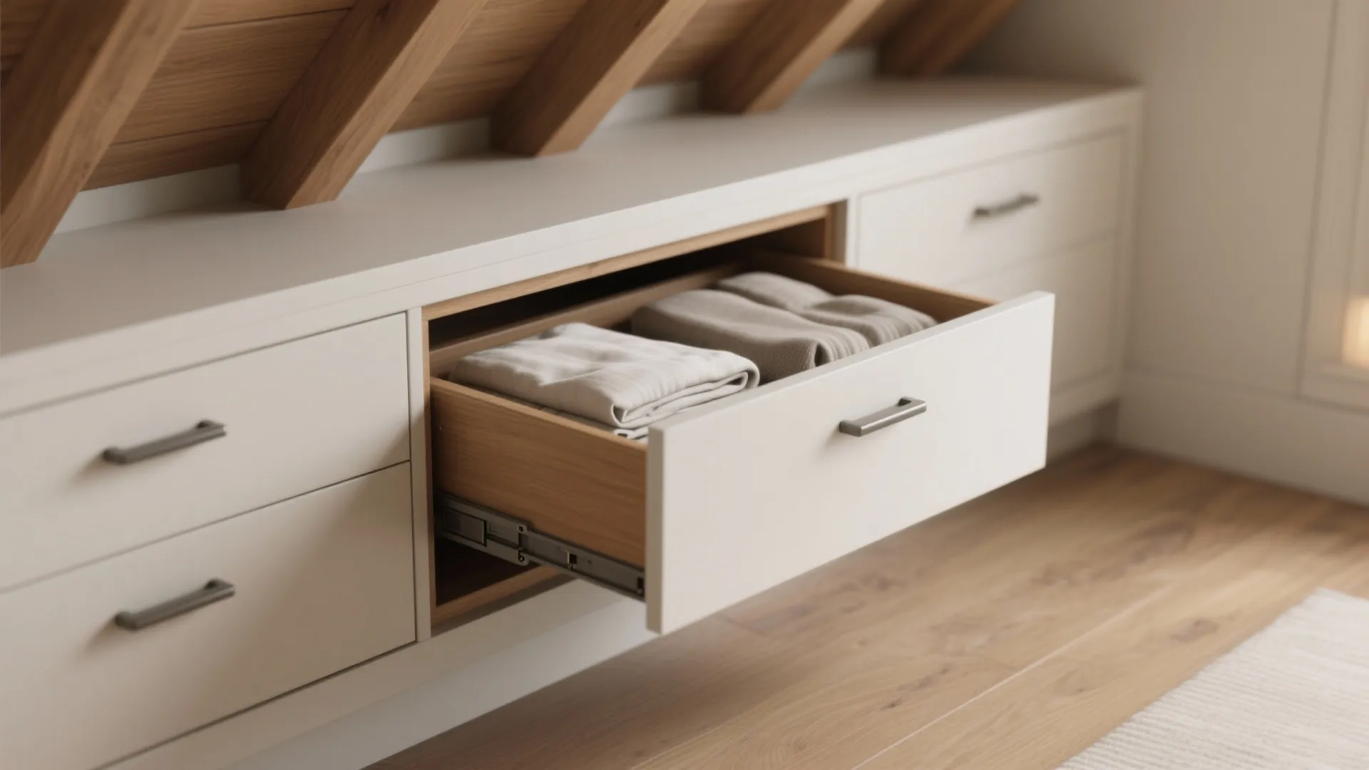 Custom under-eaves drawers and toe-kick cabinets integrated into an attic knee wall for discreet storage.