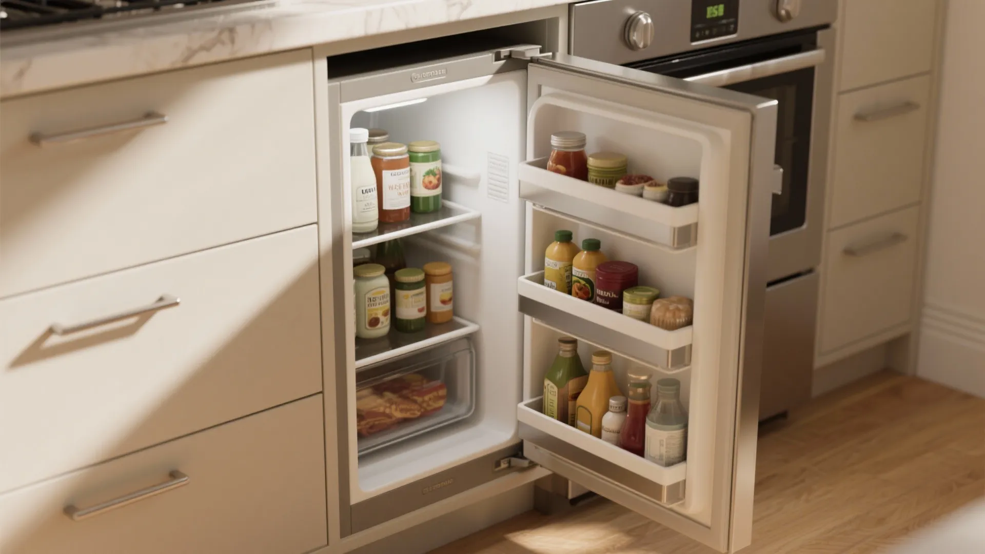 Under-counter fridge open beside integrated deep drawers showing organized storage in a small kitchen.
