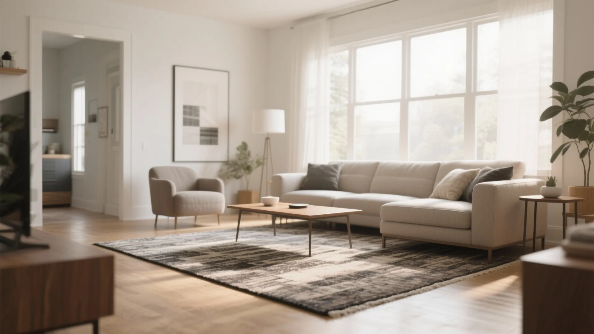 Cozy living room interior with grey sofa partially placed on large textured rug near window