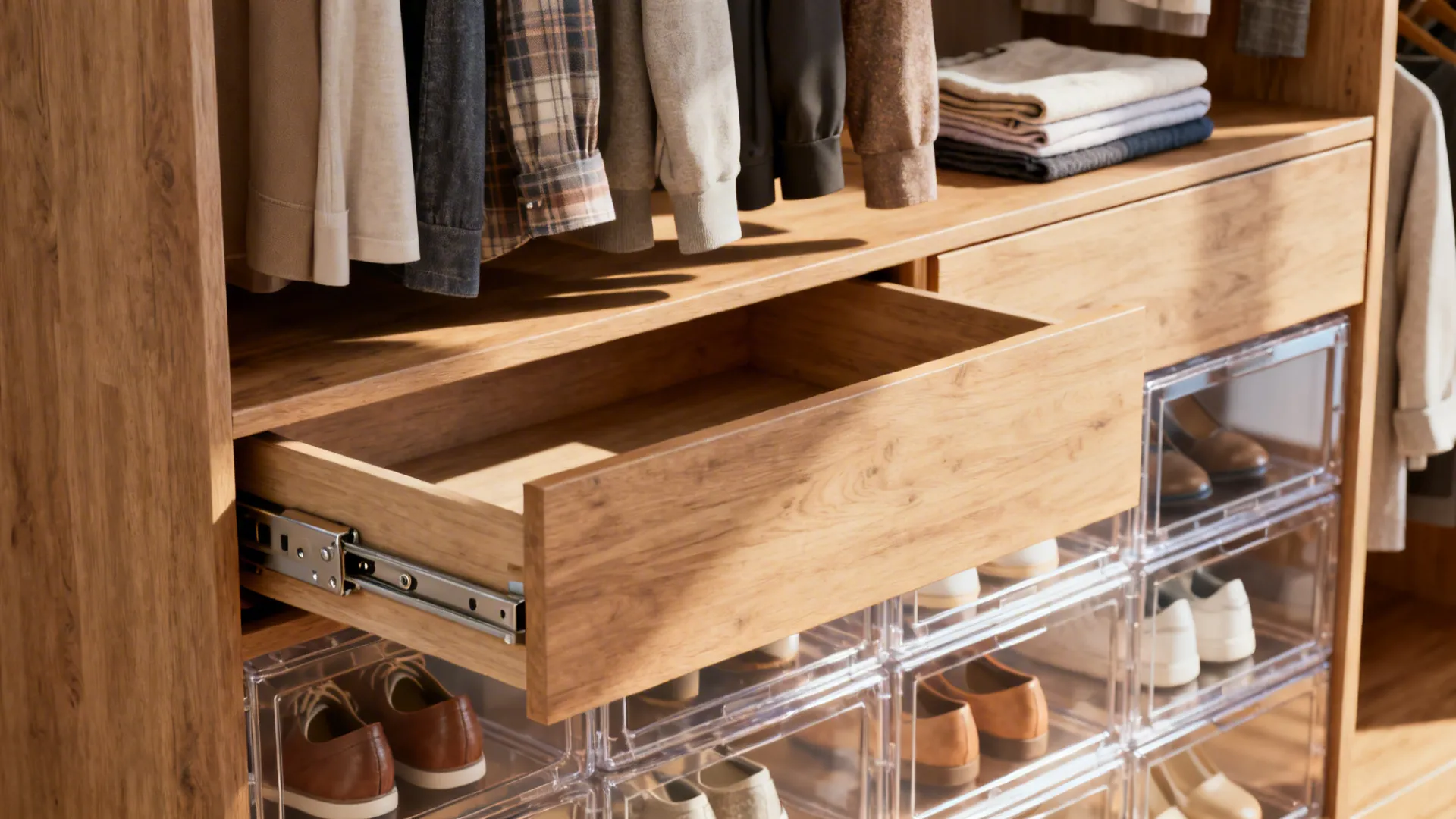 Shallow pull-out drawers and clear shoe cubbies beneath hanging clothes with soft-close hardware.