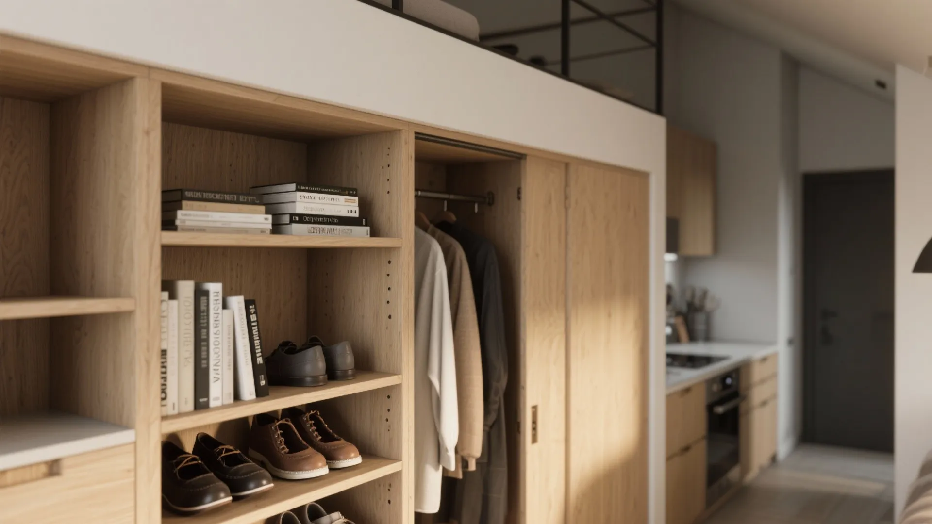 Shallow built-in shelving and closet tucked under a loft, showing neat storage and plywood joinery.