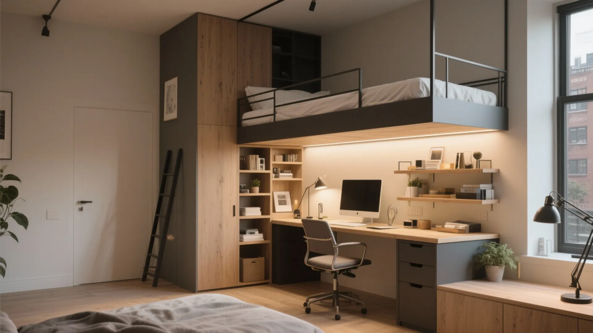 Workspace arranged neatly under a modern loft bed