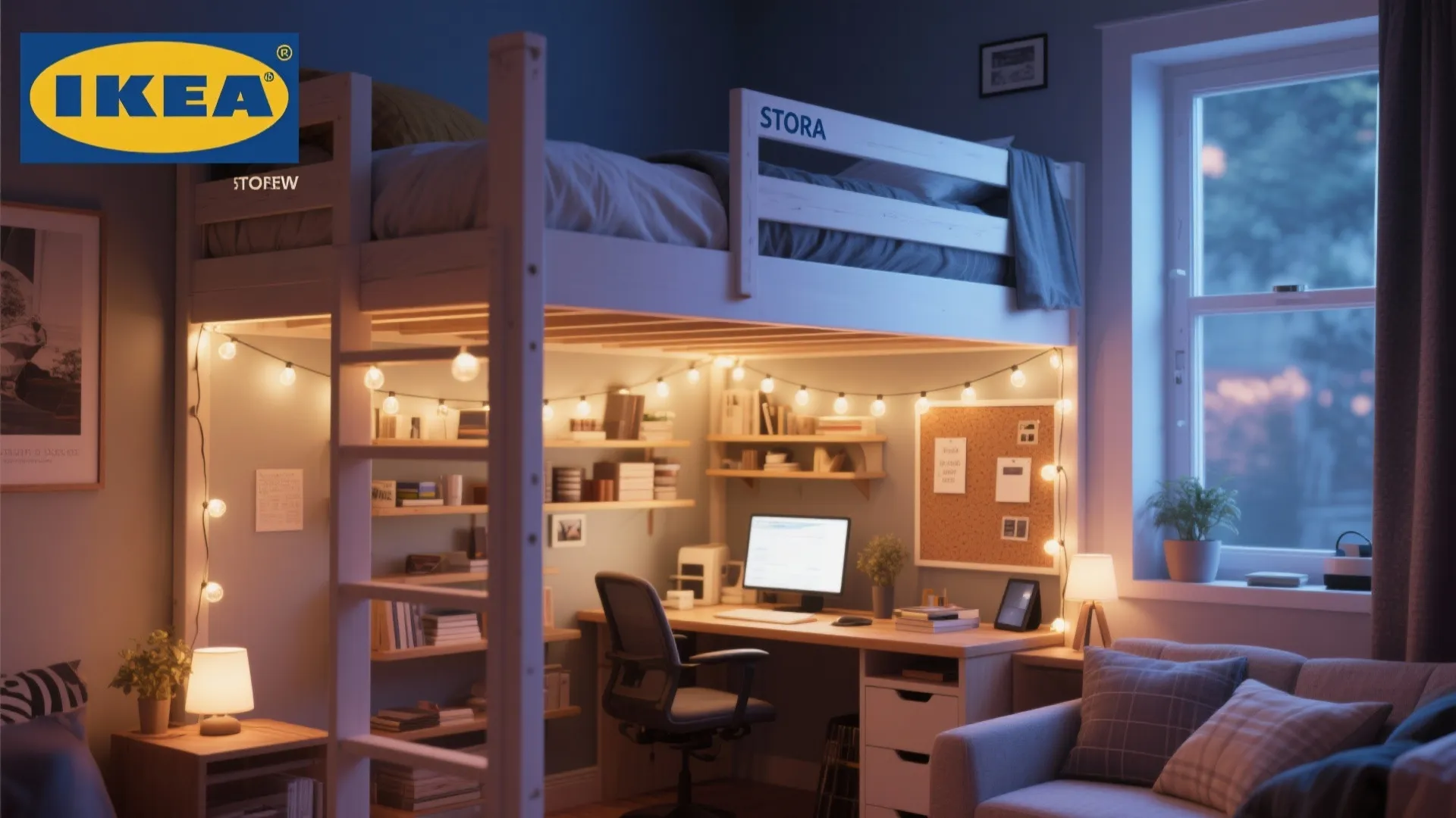 Workspace created under a loft bed with cozy lighting