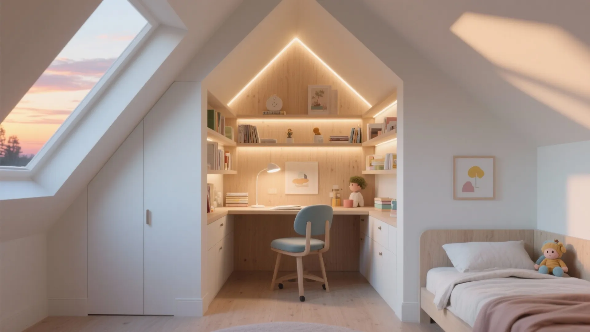 Cozy attic study area under roof window with wooden desk chair bookshelves and warm interior lights