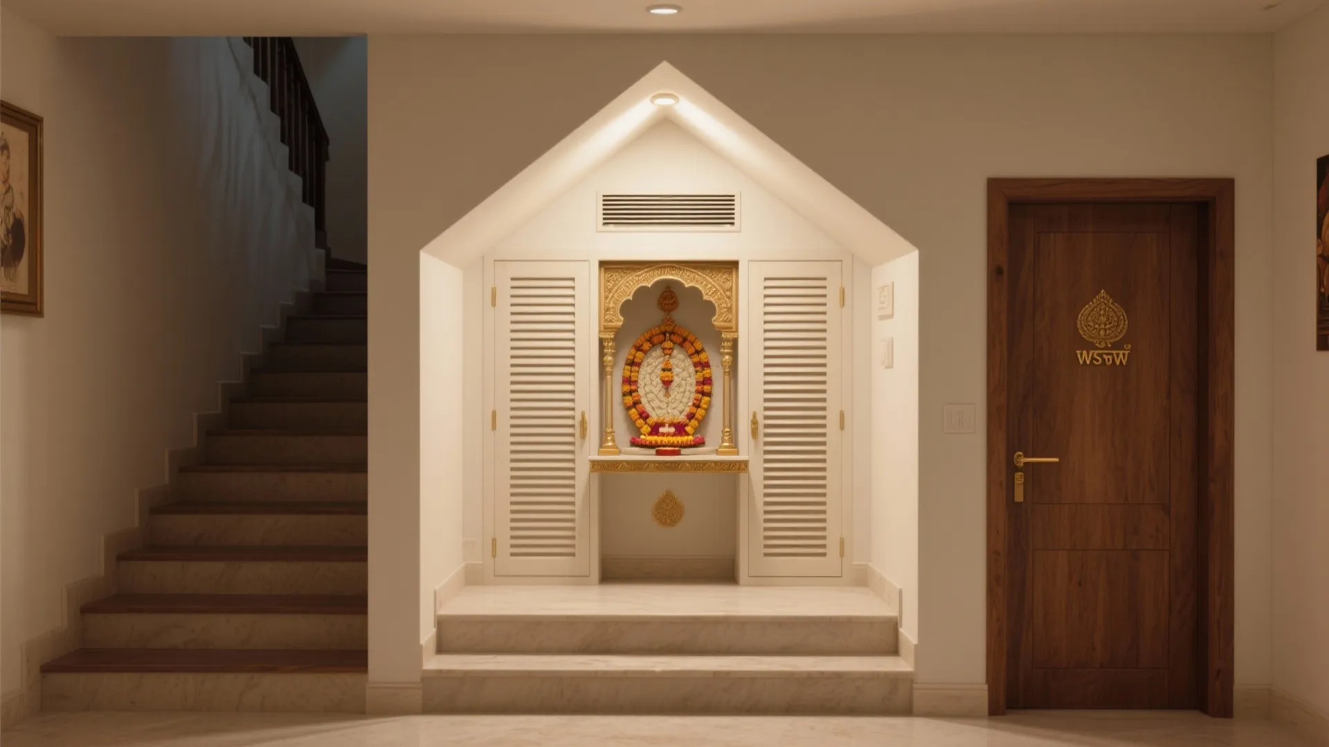 Small prayer area in wall niche with white cabinet doors near stairs and wooden door