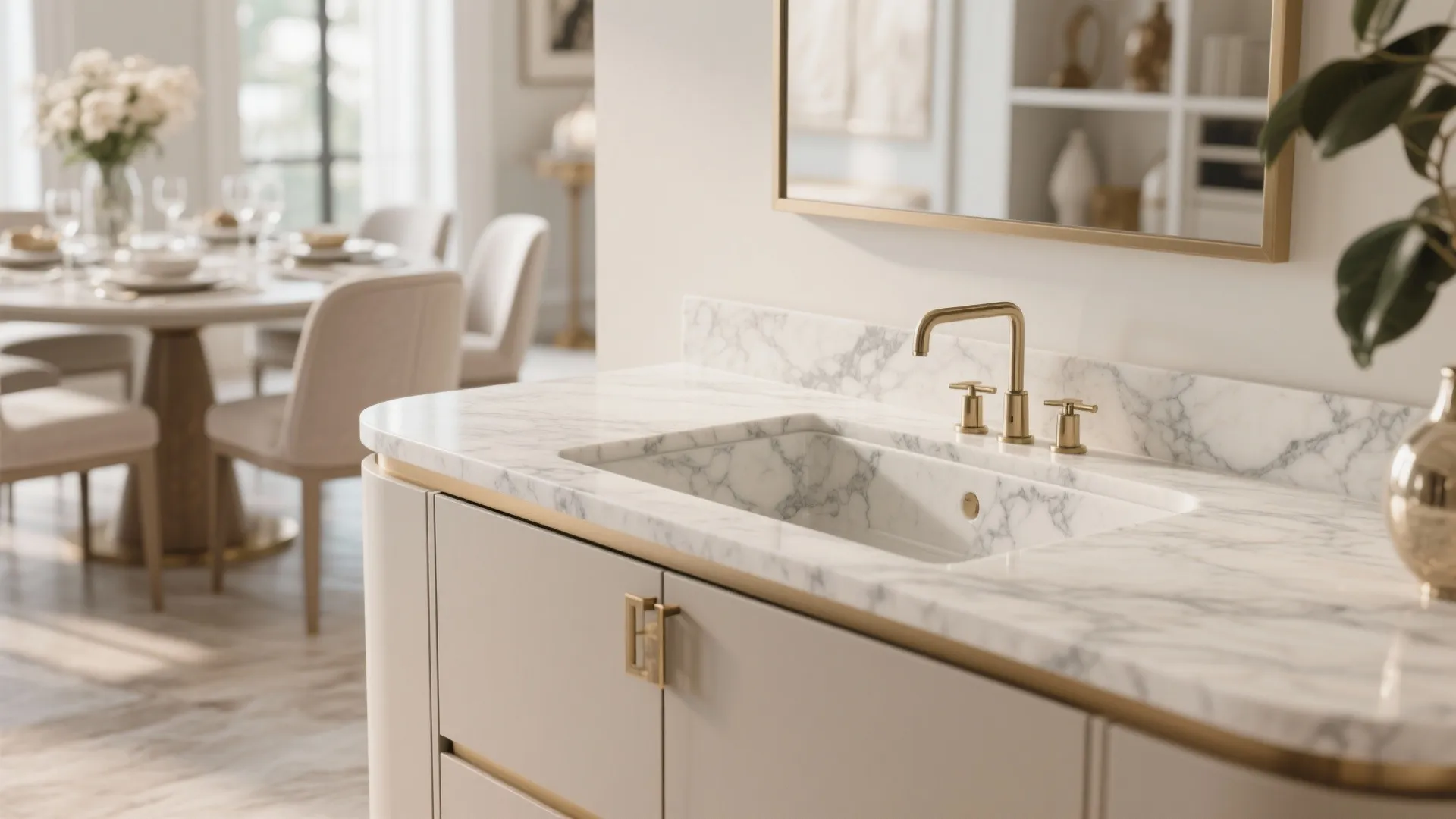 White marble countertop with a square sink and gold tap in a modern luxury dining
