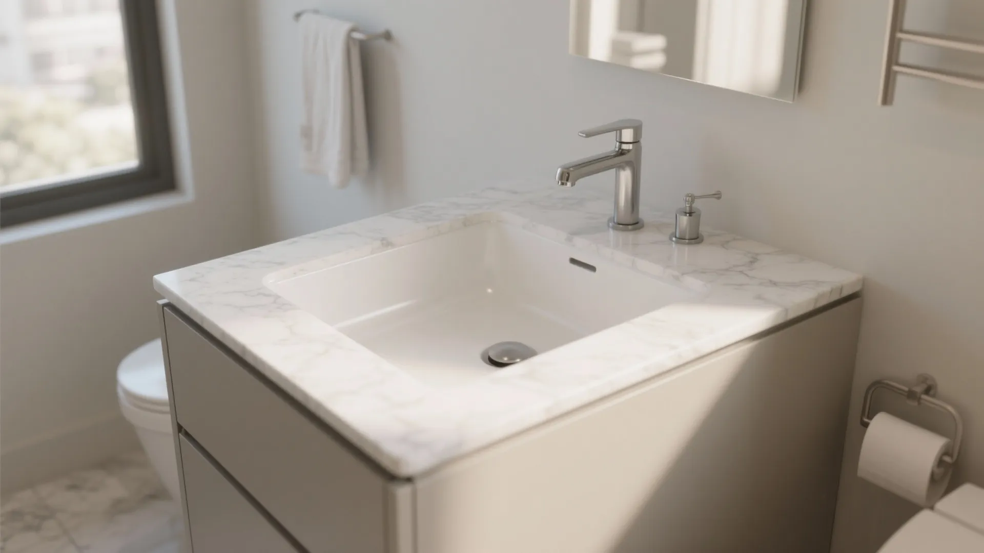 White rectangular sink built into a marble bathroom counter with silver faucet and grey cabinet