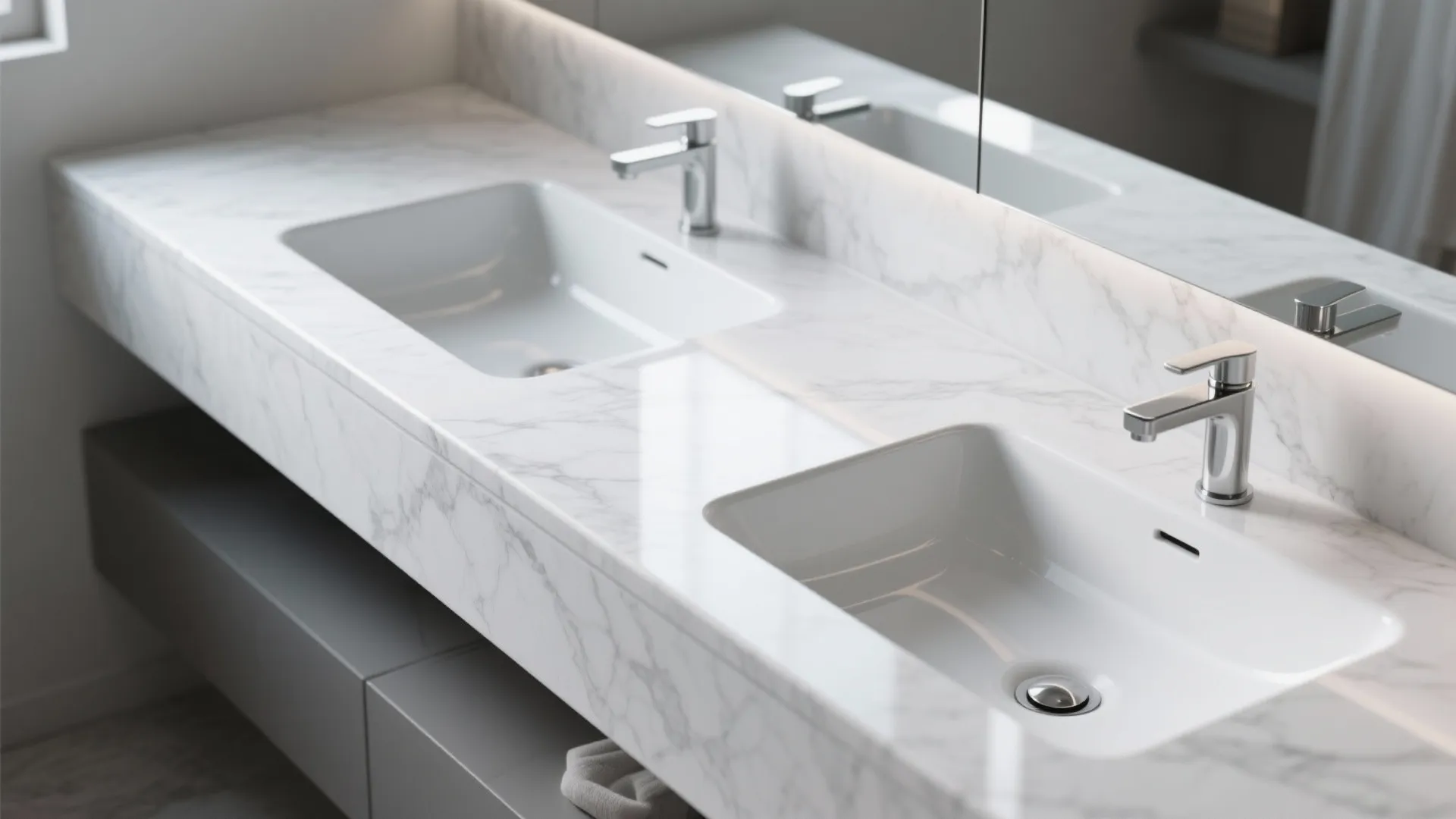 Under-mounted sinks in a seamless white quartz countertop
