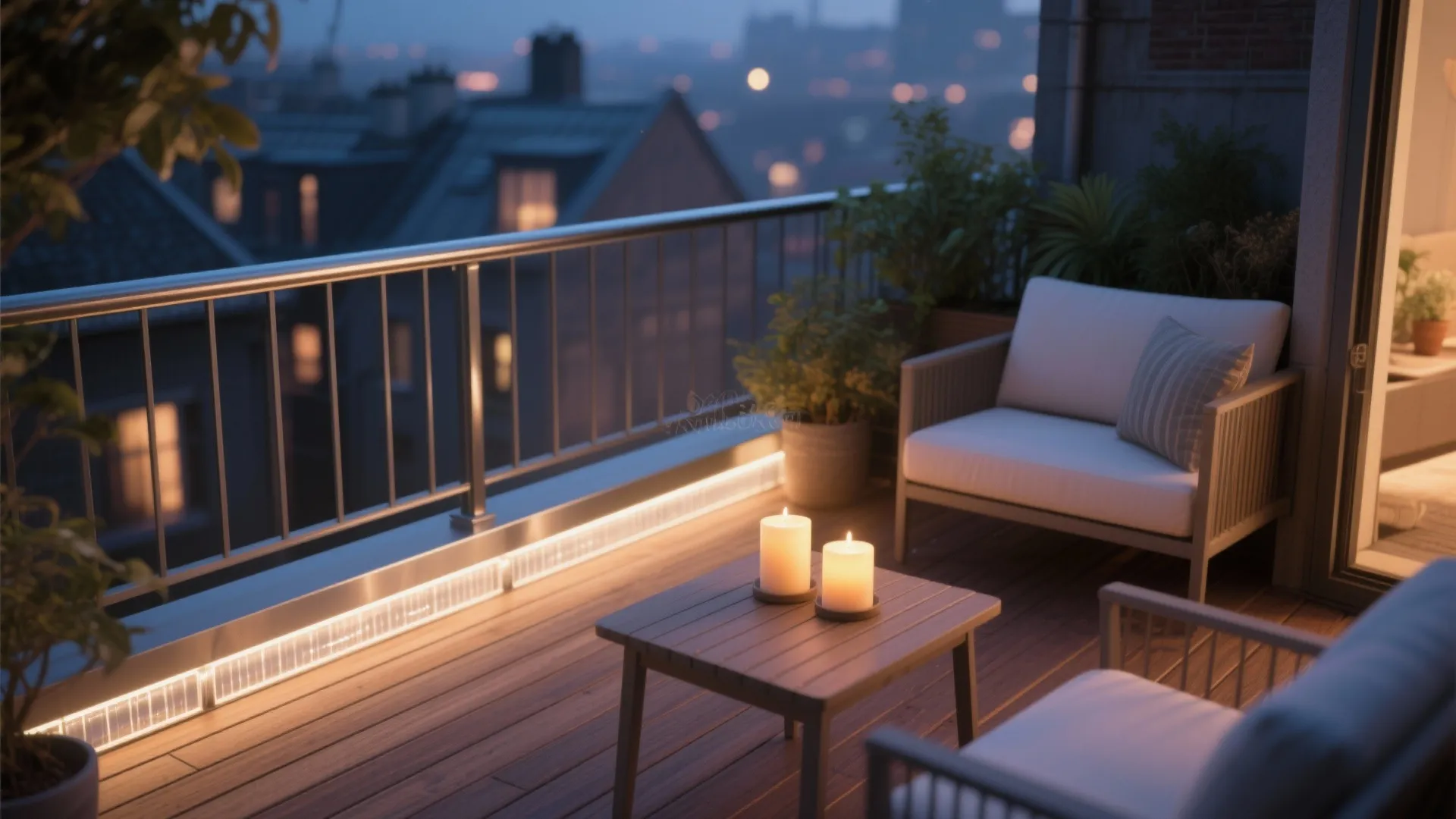 Compact deck with under-rail LED strips creating a floating edge and cozy evening glow.