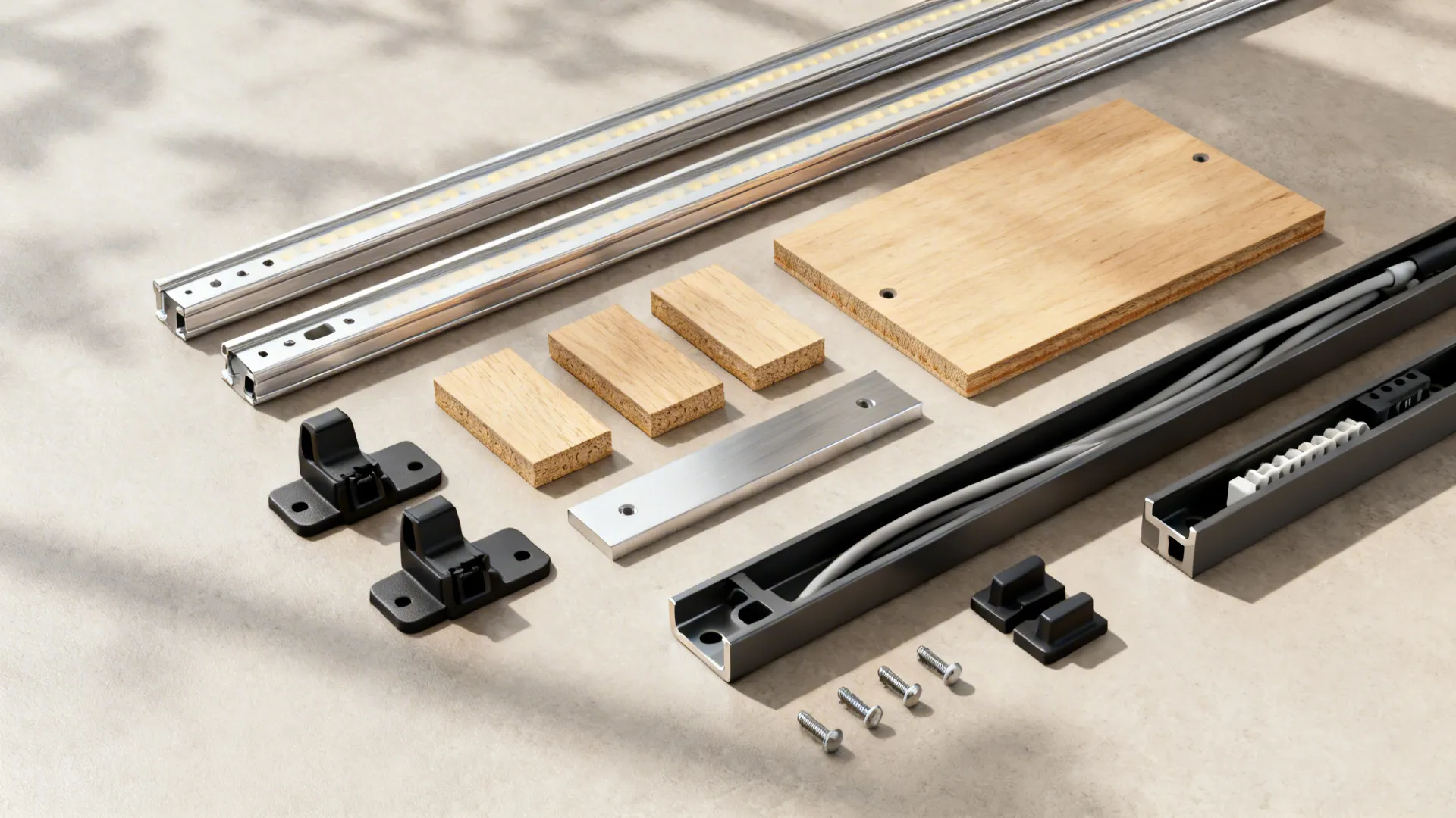 Flat lay of aluminum T-rails, plywood cleats, clips, and a removable service panel for under-cabinet use.