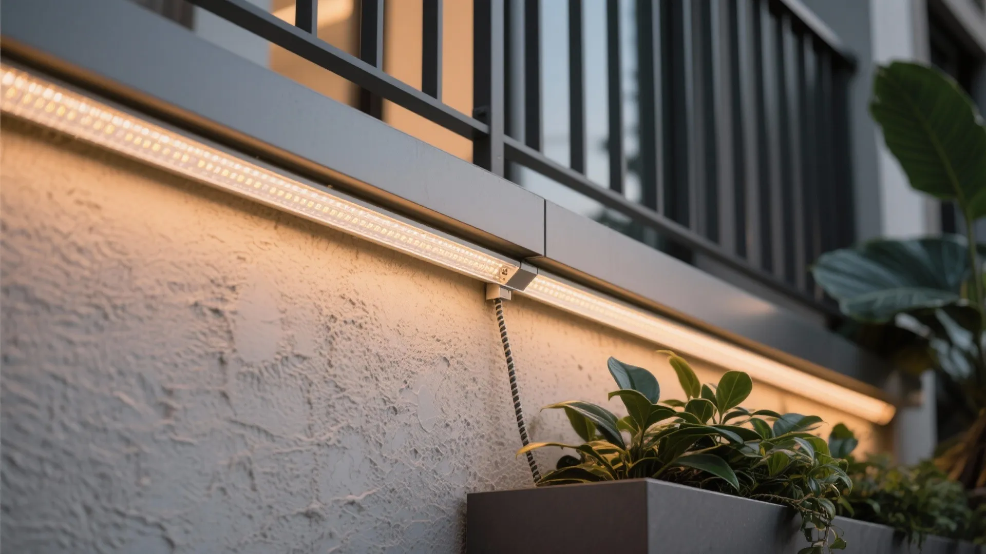 Warm LED strip light installed under balcony railing illuminating white textured wall and green leafy plants