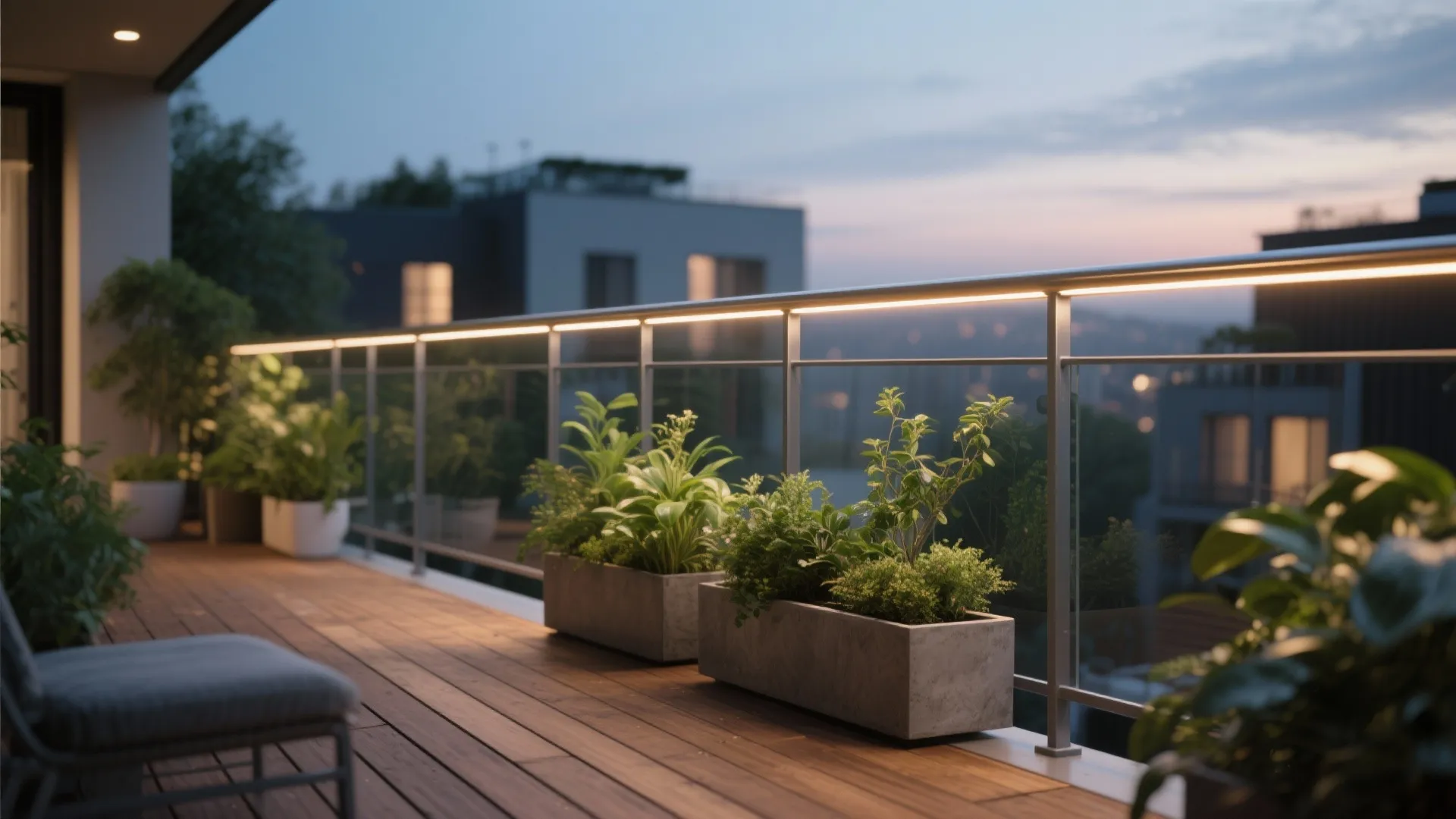 LED strip under rail + planters for hidden glow
