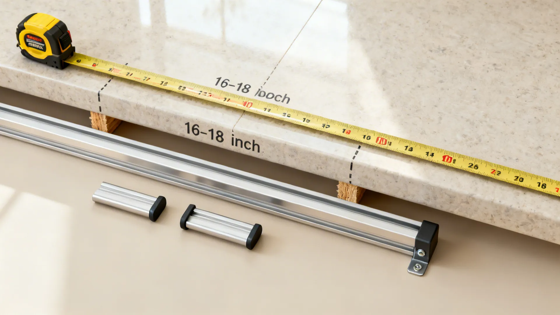 Top-down view of tools and measurements for installing an under-cabinet rail.