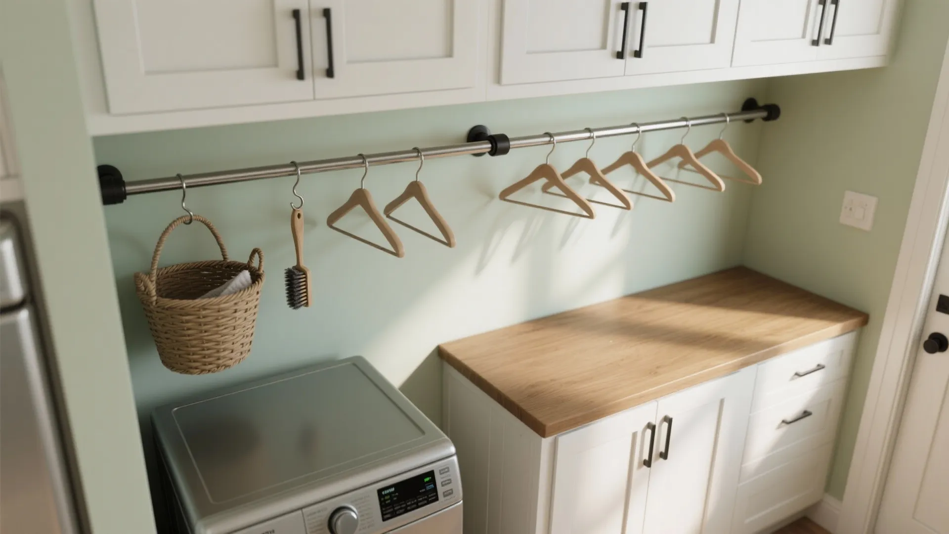 Laundry room with washing machine white cabinets wooden countertop clothes hangers and a small hanging basket