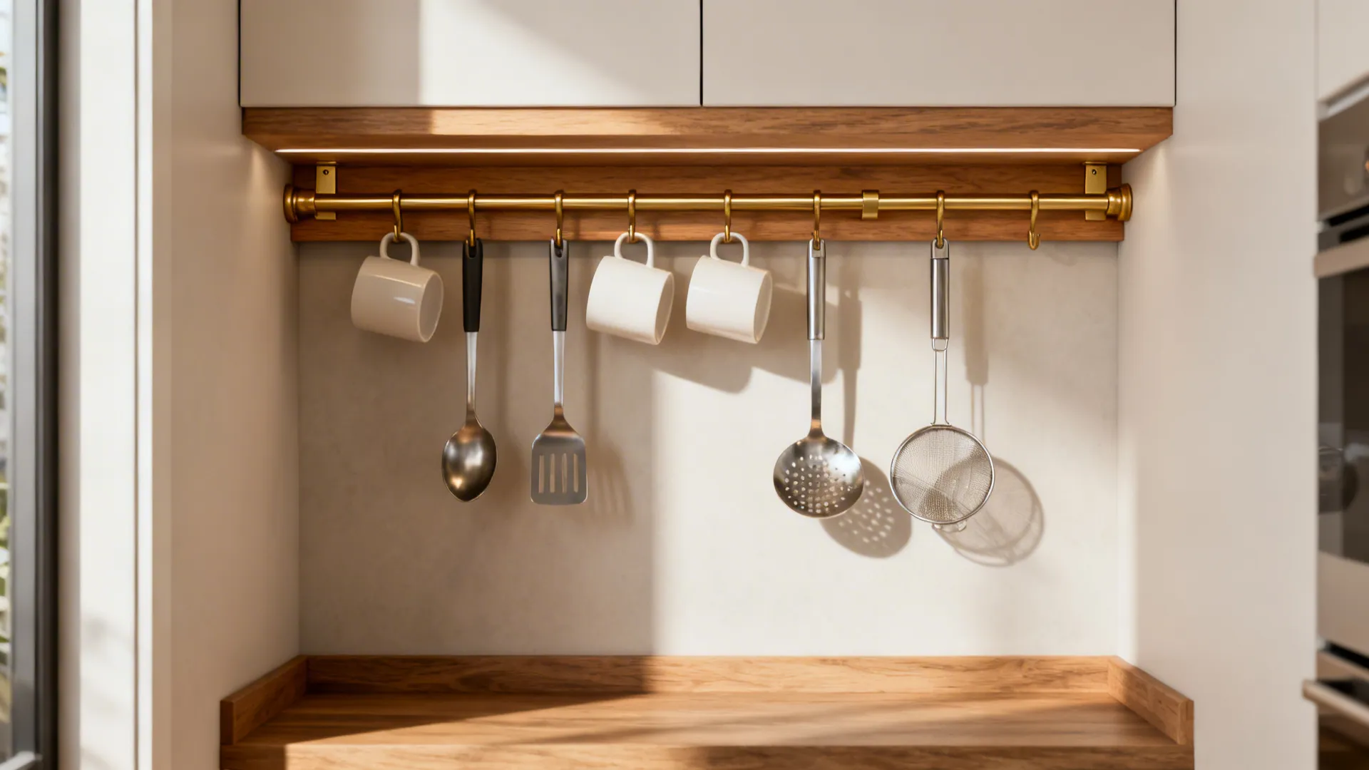 Brass rail with wood backer under cabinets holding mugs and utensils in a narrow aisle.