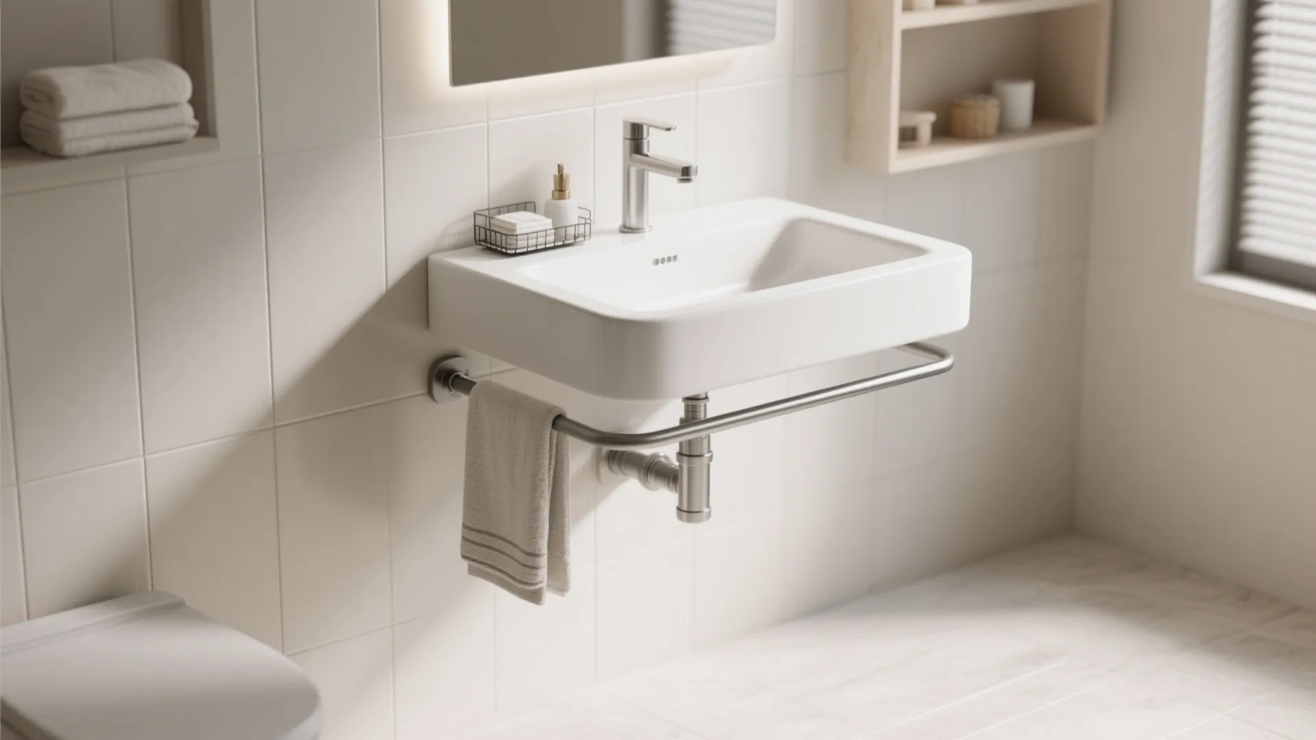 Minimal wall-mounted basin with powder-coated under-sink rails for towels and a small caddy