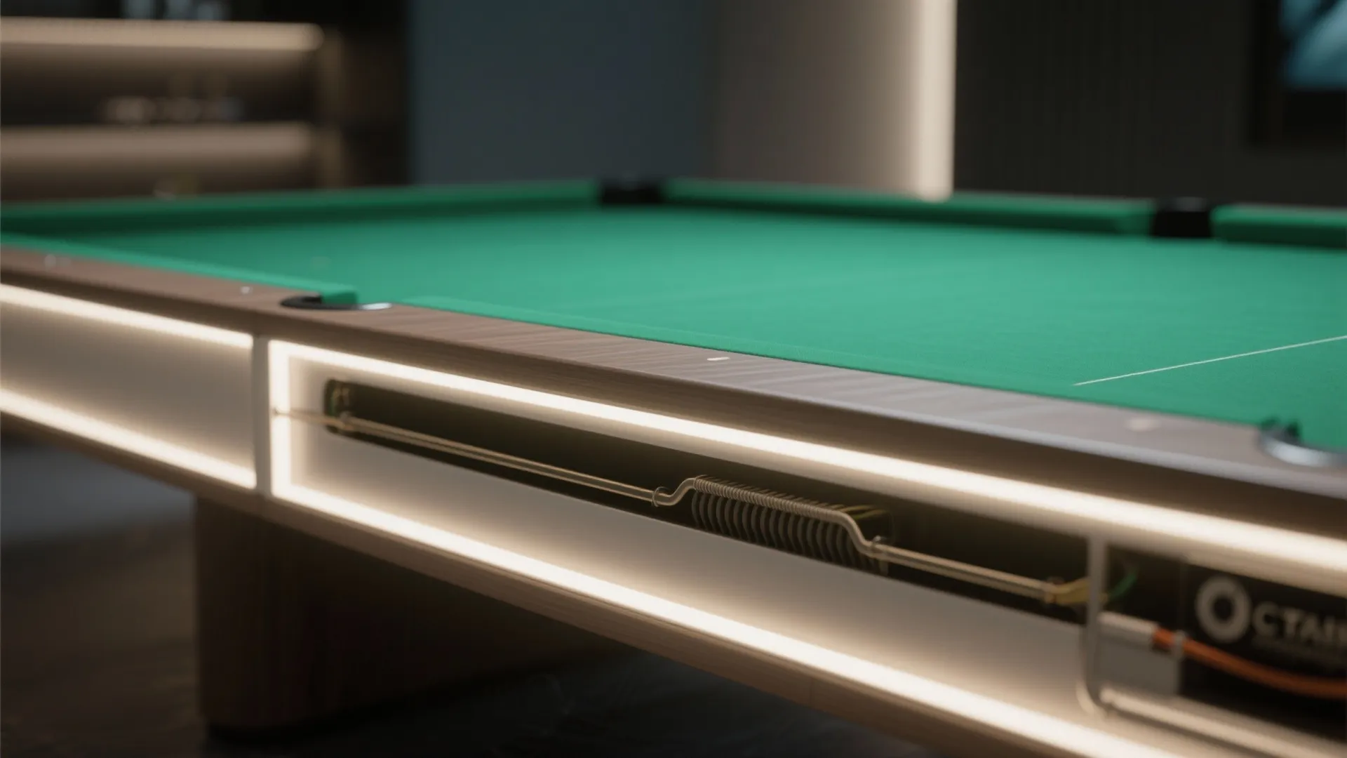 Close up view of a pool table with built in white light strips along the side